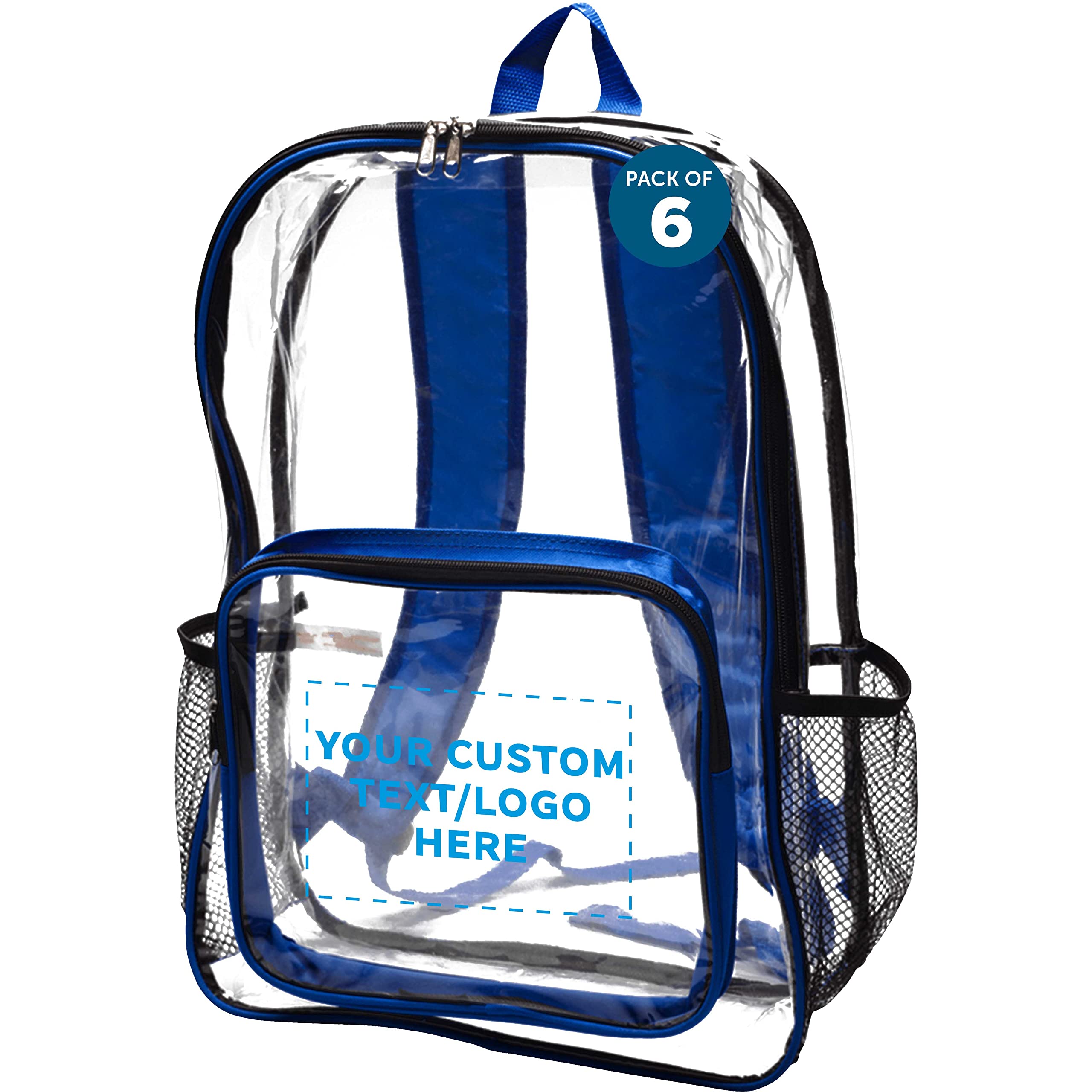 Custom Heavy Duty Clear Plastic Backpacks - Set of 6 Bulk Pack, Durable PVC Water Resistant Travel Backpacks for School, Work & Outdoor Activities - Clear/Blue