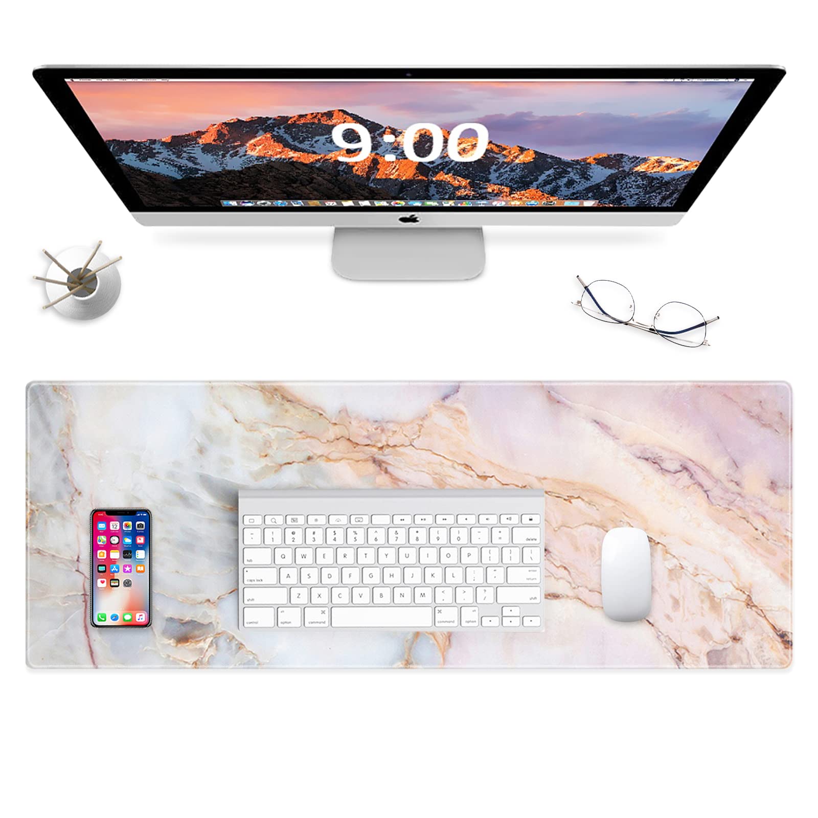 Premium XXL Gaming Mouse Pad - Oversized Extended Pink Marble Keyboard & Mouse Mat (31.5