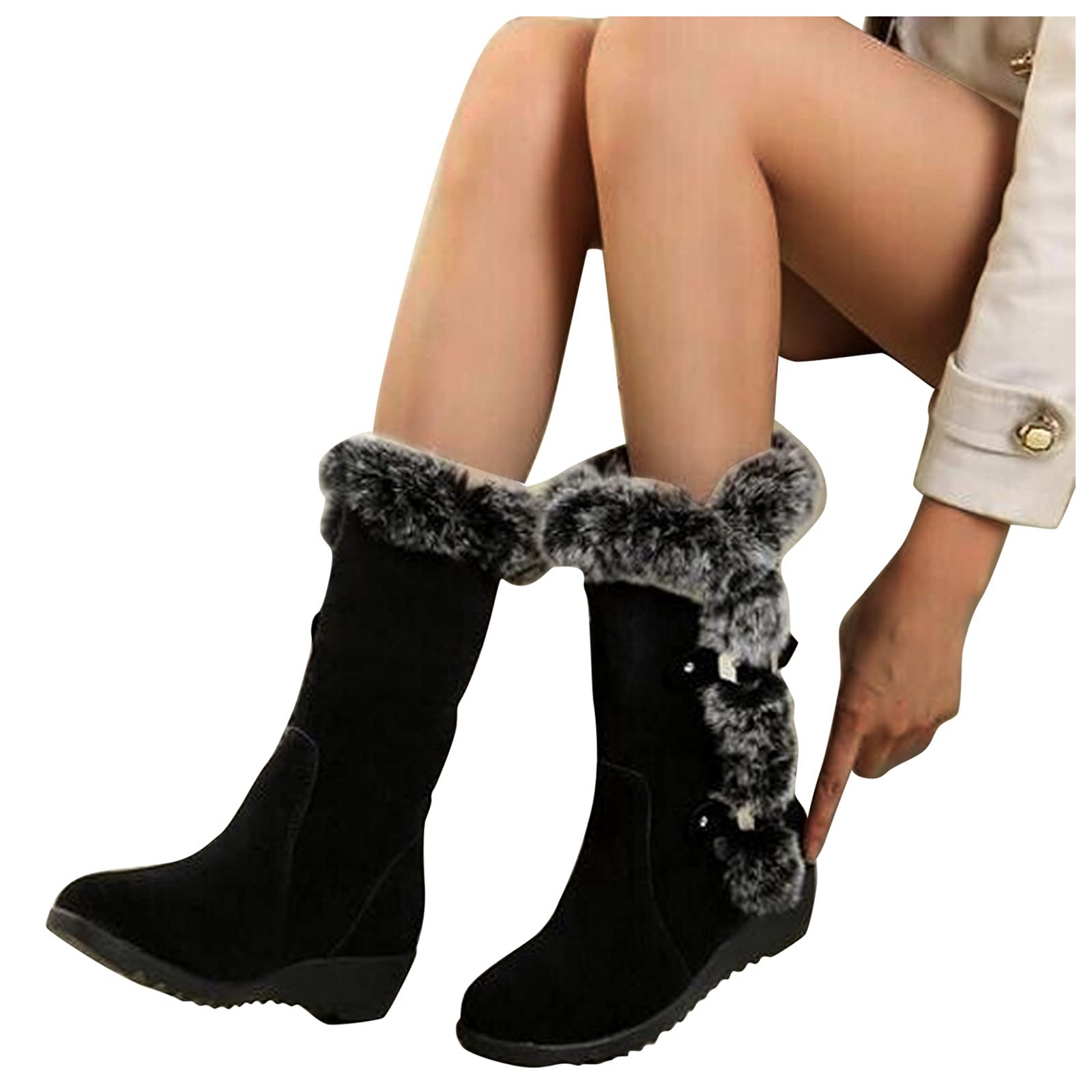 Xbemkste Women's Winter Boots - Warm Fleece Lined Fashion Boots with Wedge Heel, Cotton Buckle & Winter Belt - Cozy Furry Boots for Snow, Cold Weather & Outdoor Activities