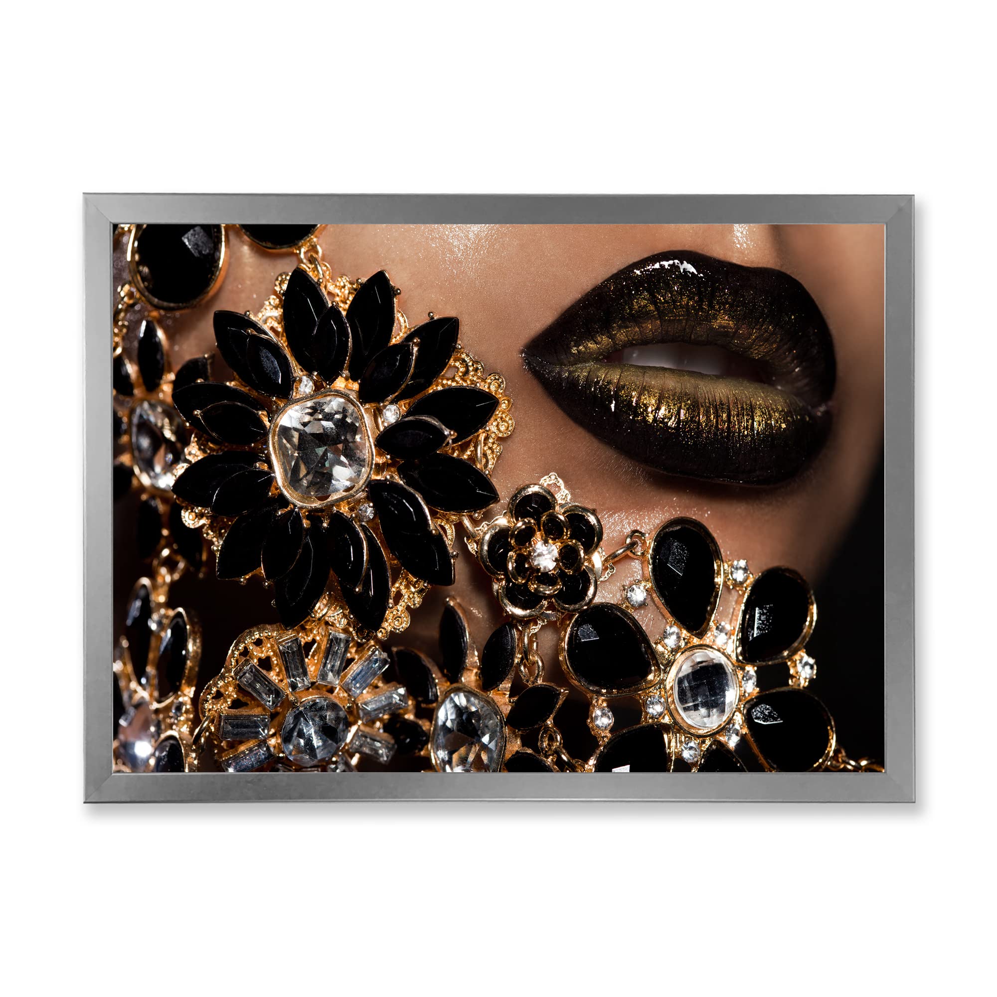DesignQ Modern Framed Wall Art - Golden Jewelry Female Lips Painting for Living Room, Bedroom & Office Decor | Elegant Home Wall Decorations