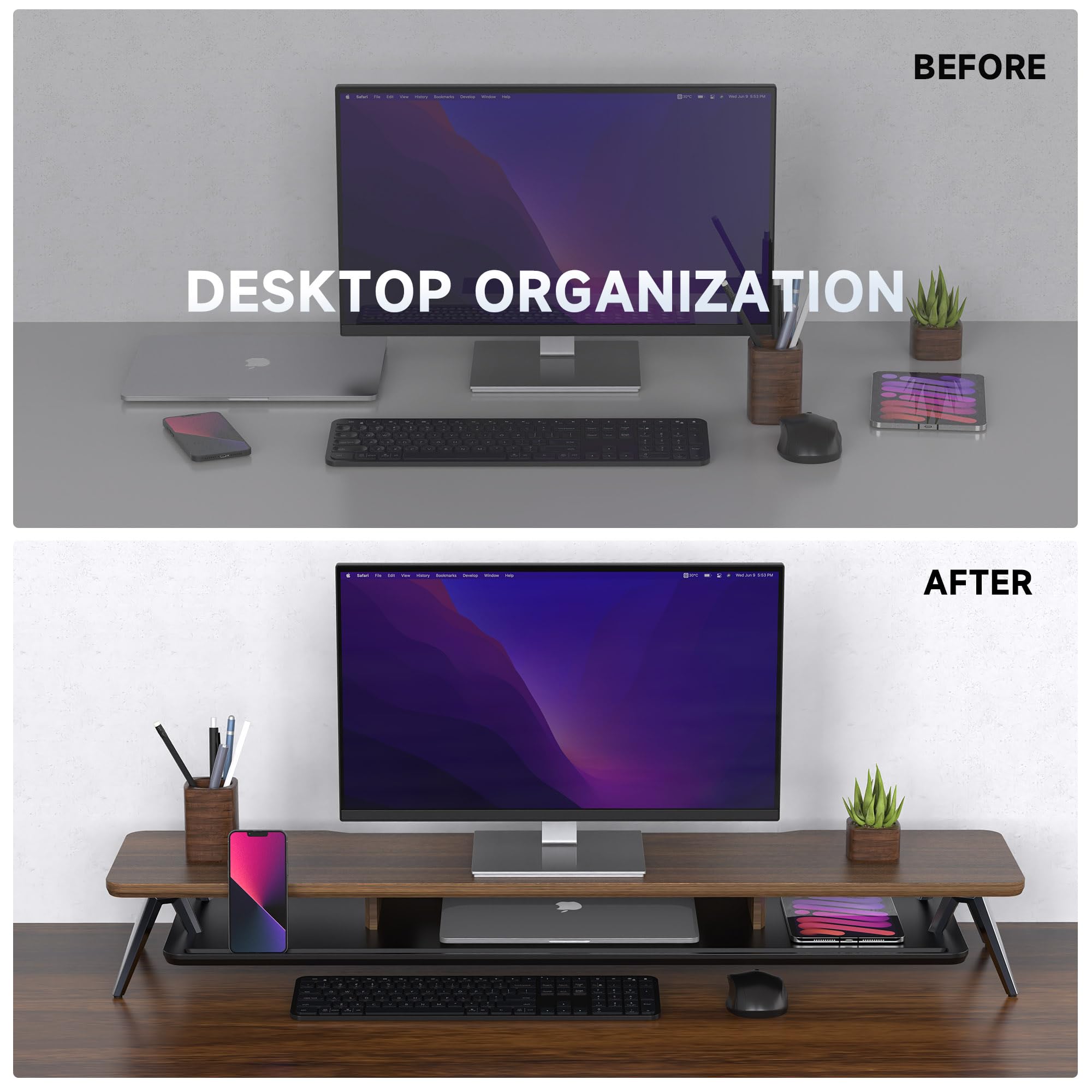 Fenge 108 cm Large Wooden Monitor Stand with 2 Adjustable Height Levels – Heavy Duty Computer Monitor Riser for PC, Laptop, TV & Printer – Supports Up to 50kg – Brown Wood Desktop Organizer – Perfect for Home Office & Gaming Setup