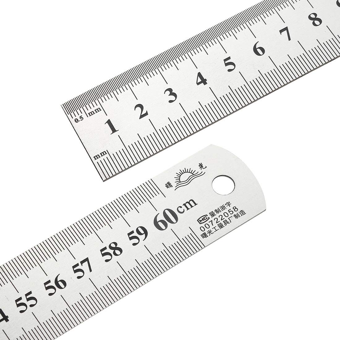 uxcell 24 Inch (600mm) Stainless Steel Straight Ruler - Metric/Imperial Dual Scale Measuring Tool with Hanging Hole for DIY, Crafting, School & Office Use