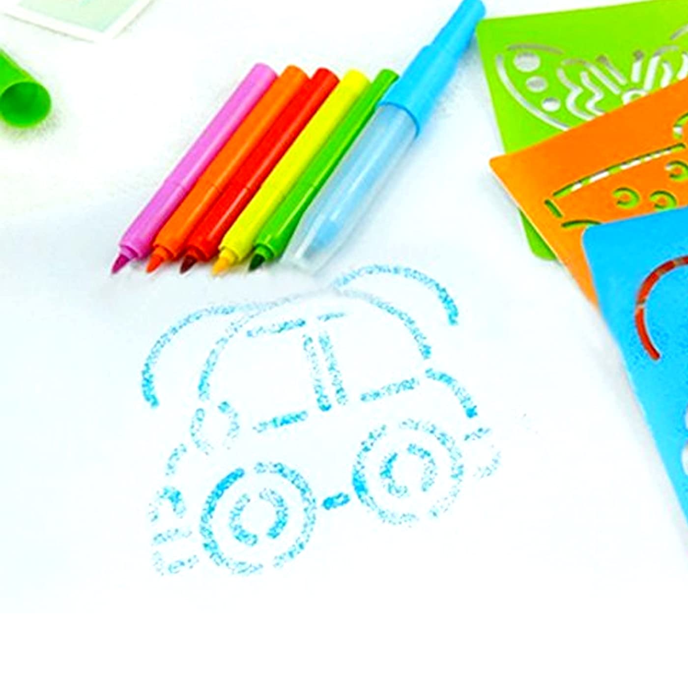 Ekan 6-Piece Color Spray Blow Pens Set with 3 Stencils - Fun Drawing Arts & Crafts Kit for Kids, Perfect for School Stationery, Birthday Party Favors & Creative DIY Projects