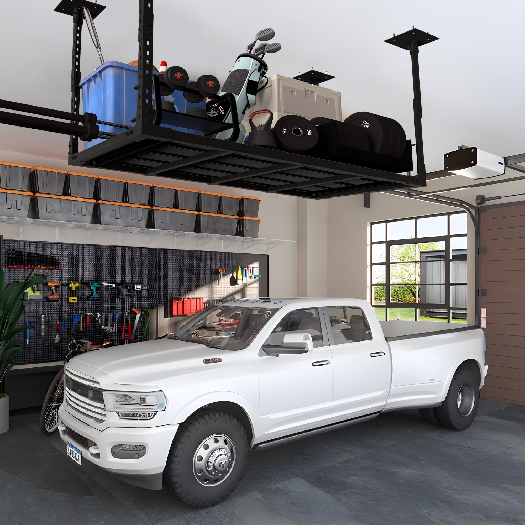 Heavy Duty Overhead Garage Storage Rack - 2x4 Metal Ceiling Storage System with 1100Lbs Capacity, Adjustable Shelves & 5 Free Hooks - Perfect for Garage Organization, Bike Storage & Seasonal Item Storage - Black