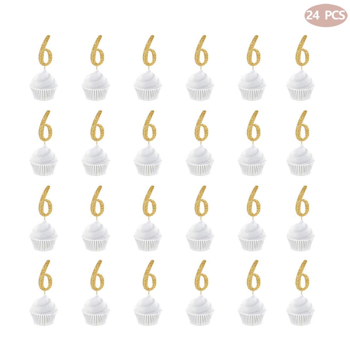 24-Pack Gold Happy 6th Birthday Cupcake Toppers with Glitter Number 6 - Party Decorations for Kids Birthday, Anniversary & Celebration Events