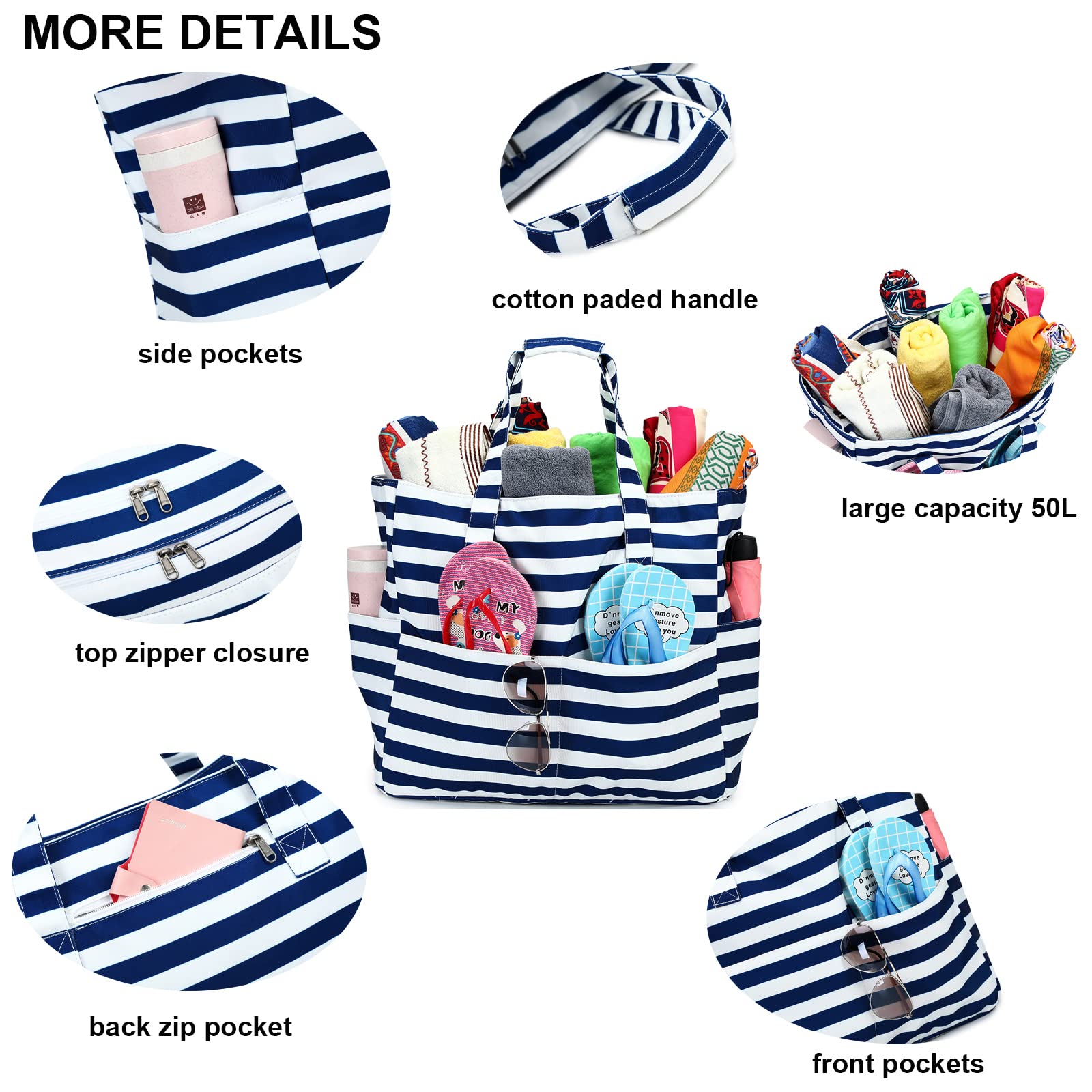 Waterproof Sandproof Large Beach Tote Bag for Women with Zipper & Wet Pocket - Durable Pool, Gym, Grocery & Travel Tote - Perfect for Beach Days, Swimming, Shopping & Vacation Essentials