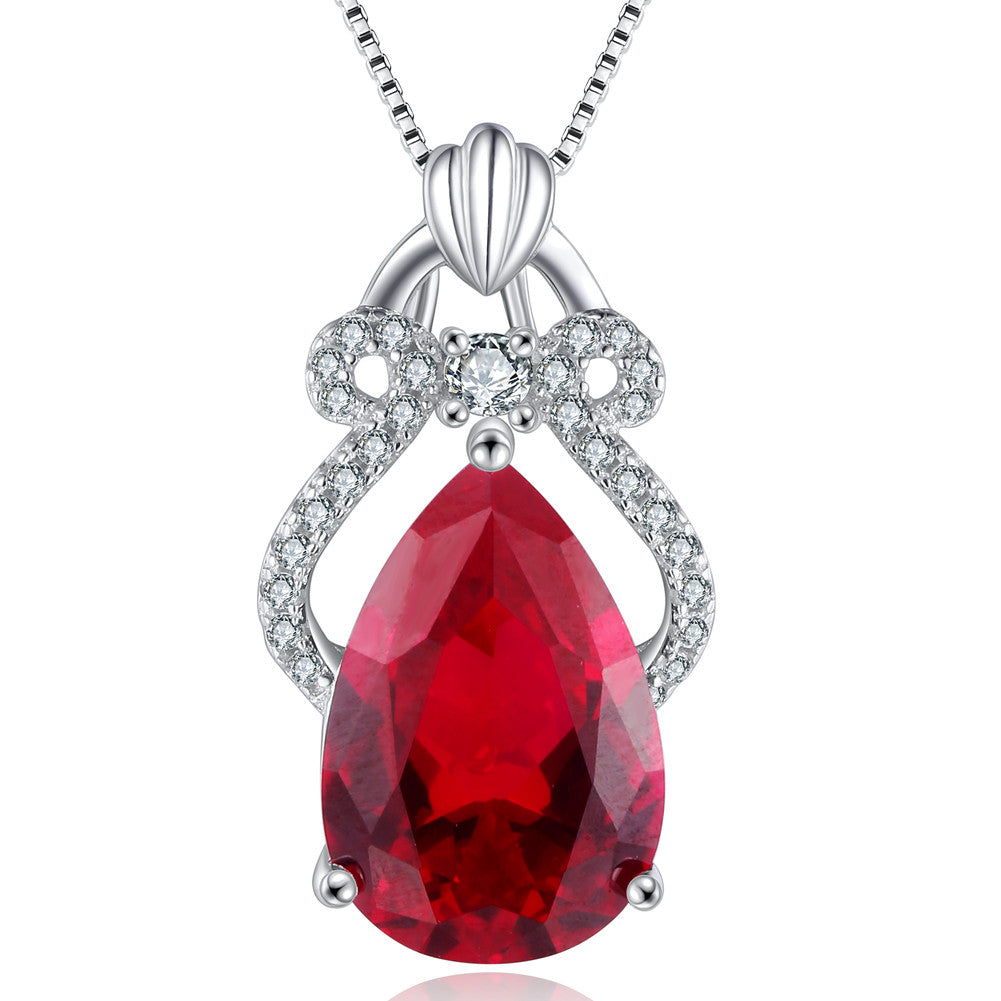 Simulated Teardrop Ruby Pendant Necklace - Sterling Silver Crown Jewelry for Women | July Birthstone Gift | Elegant Necklace for Birthday, Anniversary & Special Occasions
