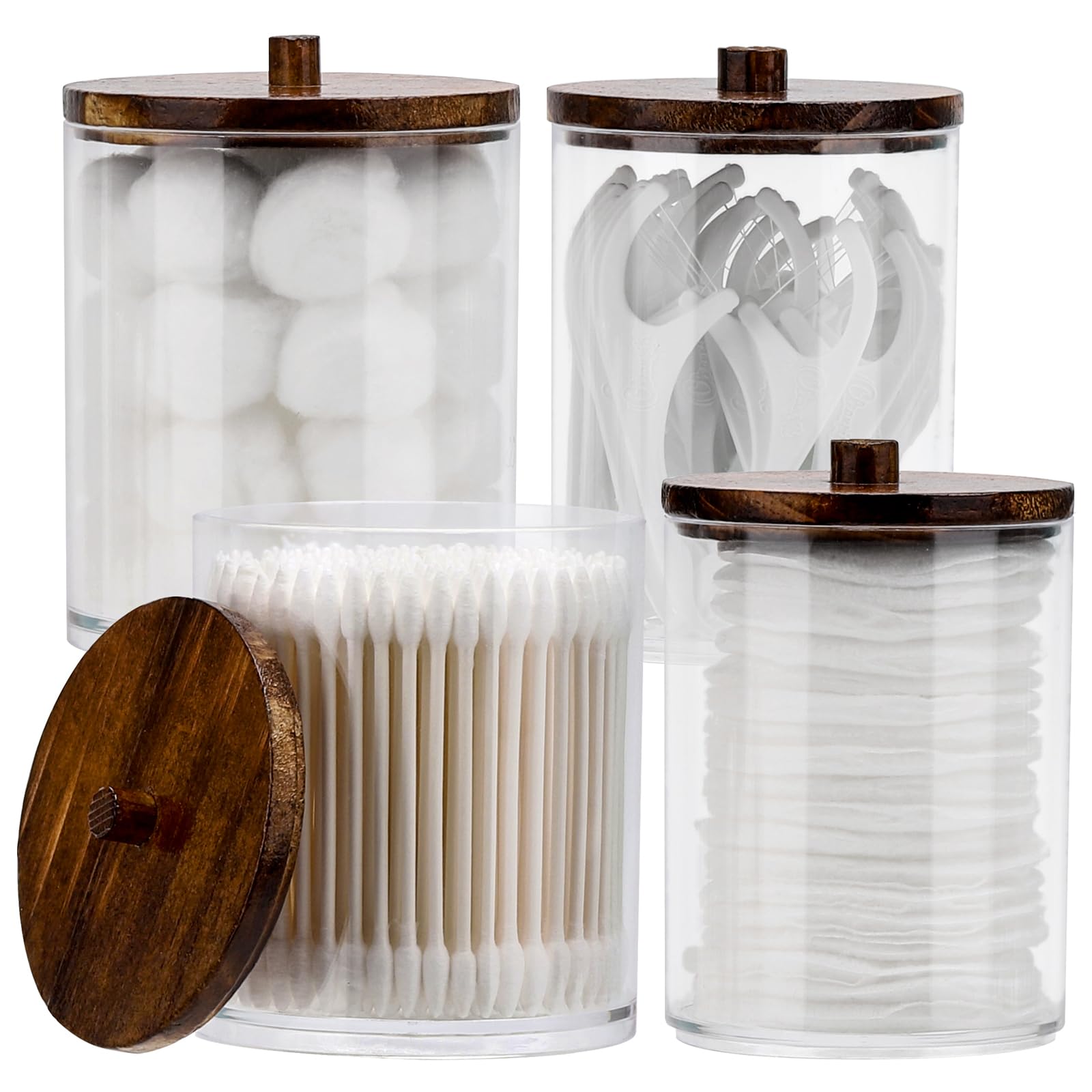 Tbestmax 4-Pack Clear Plastic Apothecary Jars with Brown Wood Lids - 12oz & 10oz Cotton Swab Holder Dispenser for Q-Tips, Cotton Balls & Dental Floss - Bathroom Organizer & Storage Containers for Countertop Vanity, Makeup Brushes & Beauty Essentials