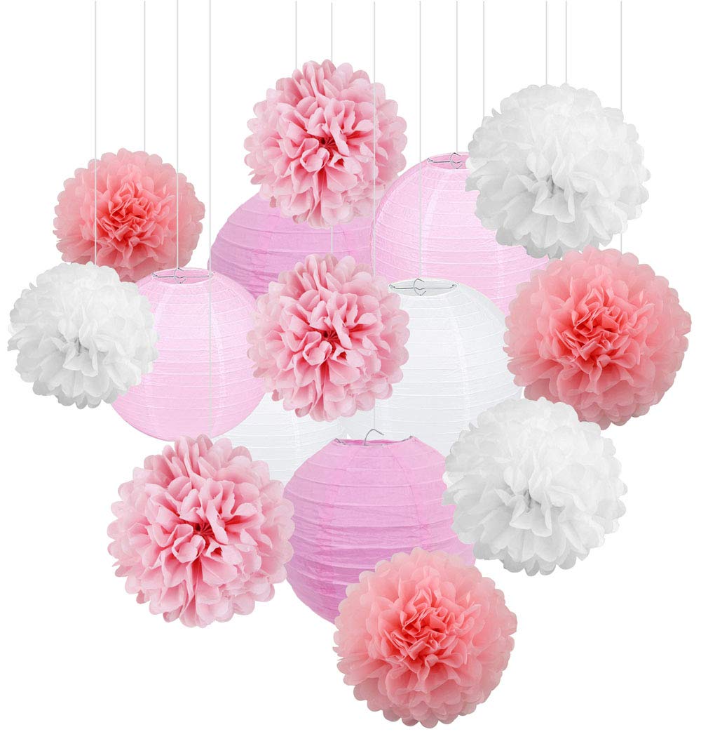15Pcs White & Pink Paper Lanterns & Pom Poms - Hanging Party Decorations for Baby Shower, Birthday, Wedding, Bridal Shower, Graduation - Elegant Backdrop & Centerpiece Ideas for Home & Event Decor