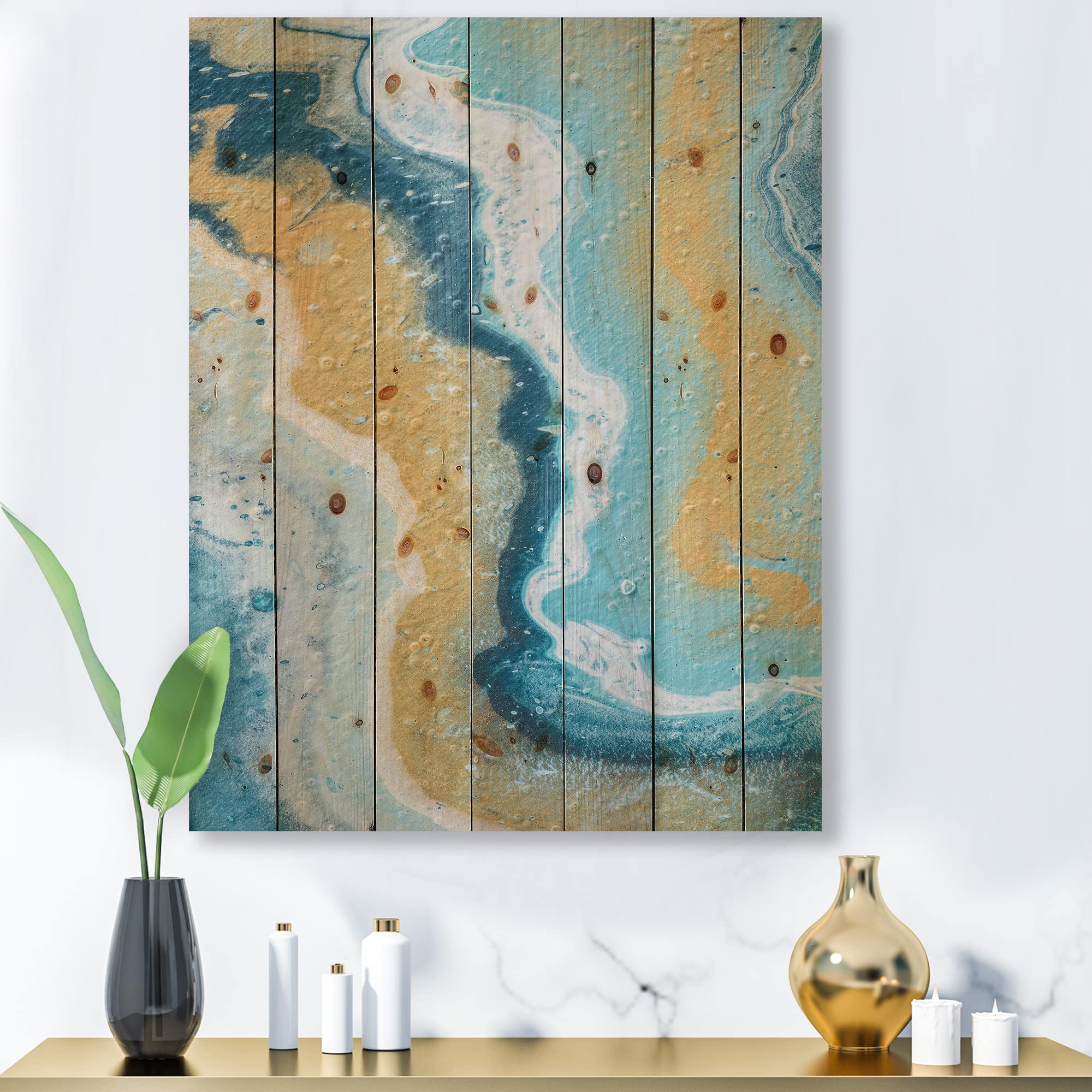 Abstract Marble Wood Wall Art - Blue & Yellow Modern Decor for Living Room