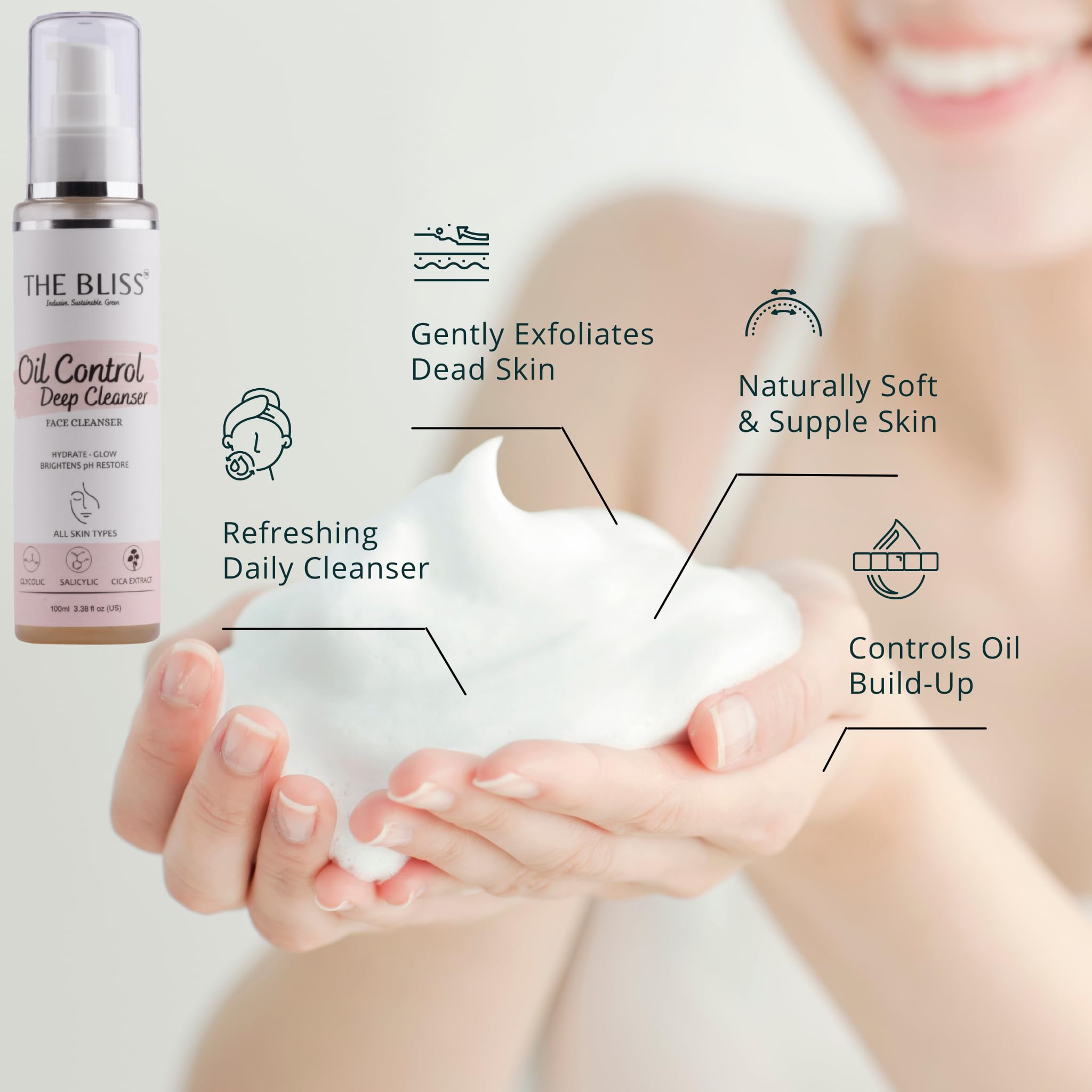 Bliss Acne & Blackhead Control Face Wash with AHA, BHA & CICA Extract - Oil-Free, Pore Minimizing Cleanser (100ml) for Oily & Acne-Prone Skin - Perfect for Daily Skincare Routine