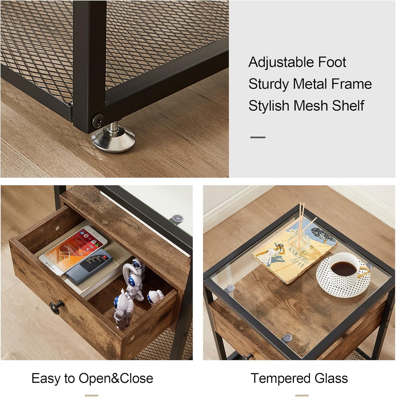 VECELO Set of 2 Nightstands with Glass Top, Drawer and Shelf - Modern End Tables for Bedroom, Living Room, Lounge - Brown Wooden Side Tables (Perfect for Small Spaces, Apartment Furniture & Home Decor)