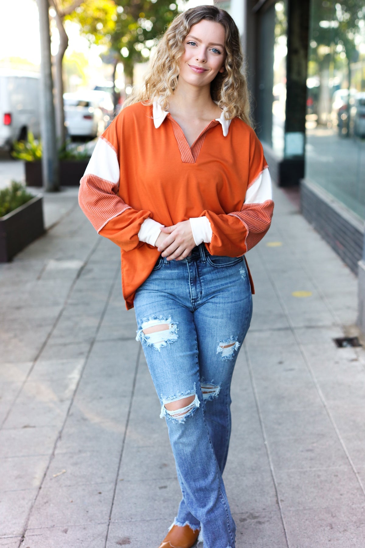 Falling For You Rust Color Block Collared French Terry Top | Women's Casual Long Sleeve Shirt | Perfect for Autumn Outfits, Coffee Dates & Weekend Errands