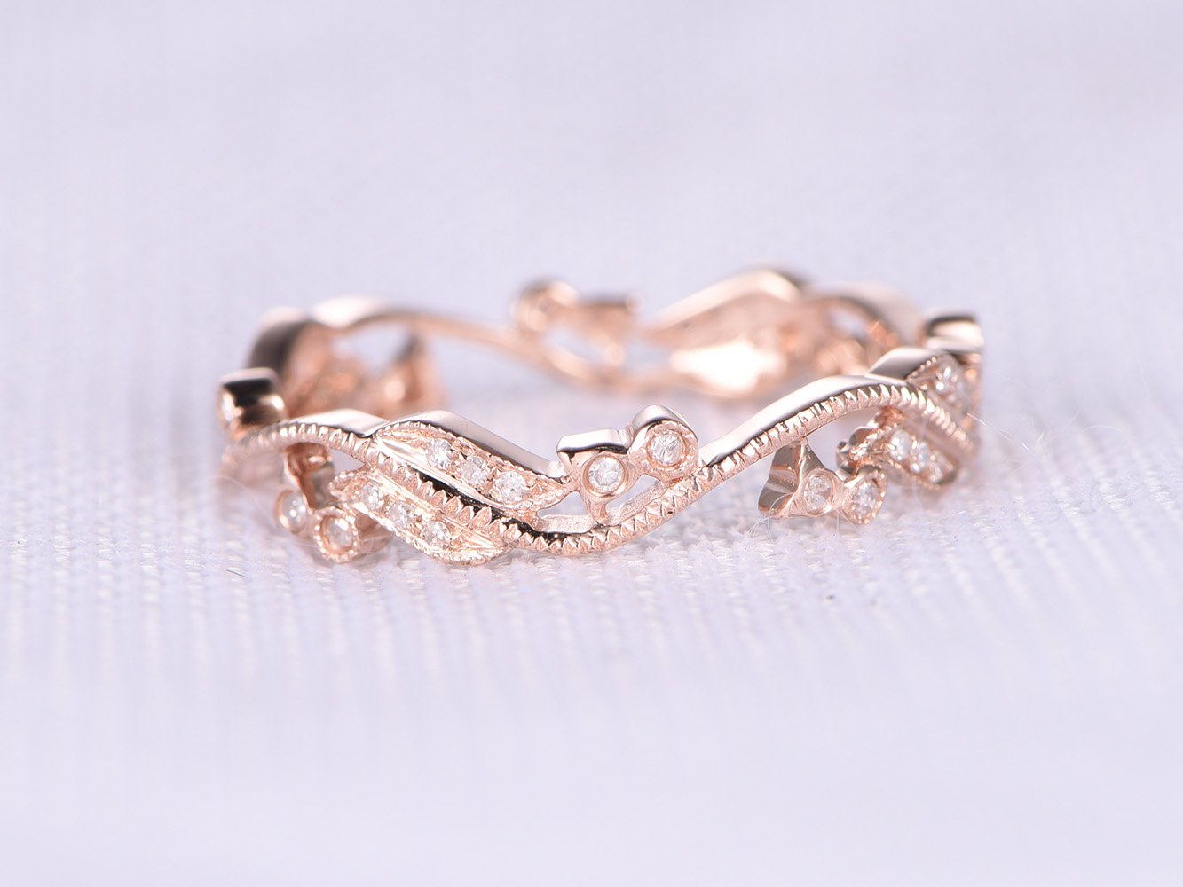 Antique Diamond Wedding Band - 14K Rose Gold Swirl & Milgrain Floral Engagement Ring | Art Nouveau Style for Vintage Brides & Anniversary Gifts