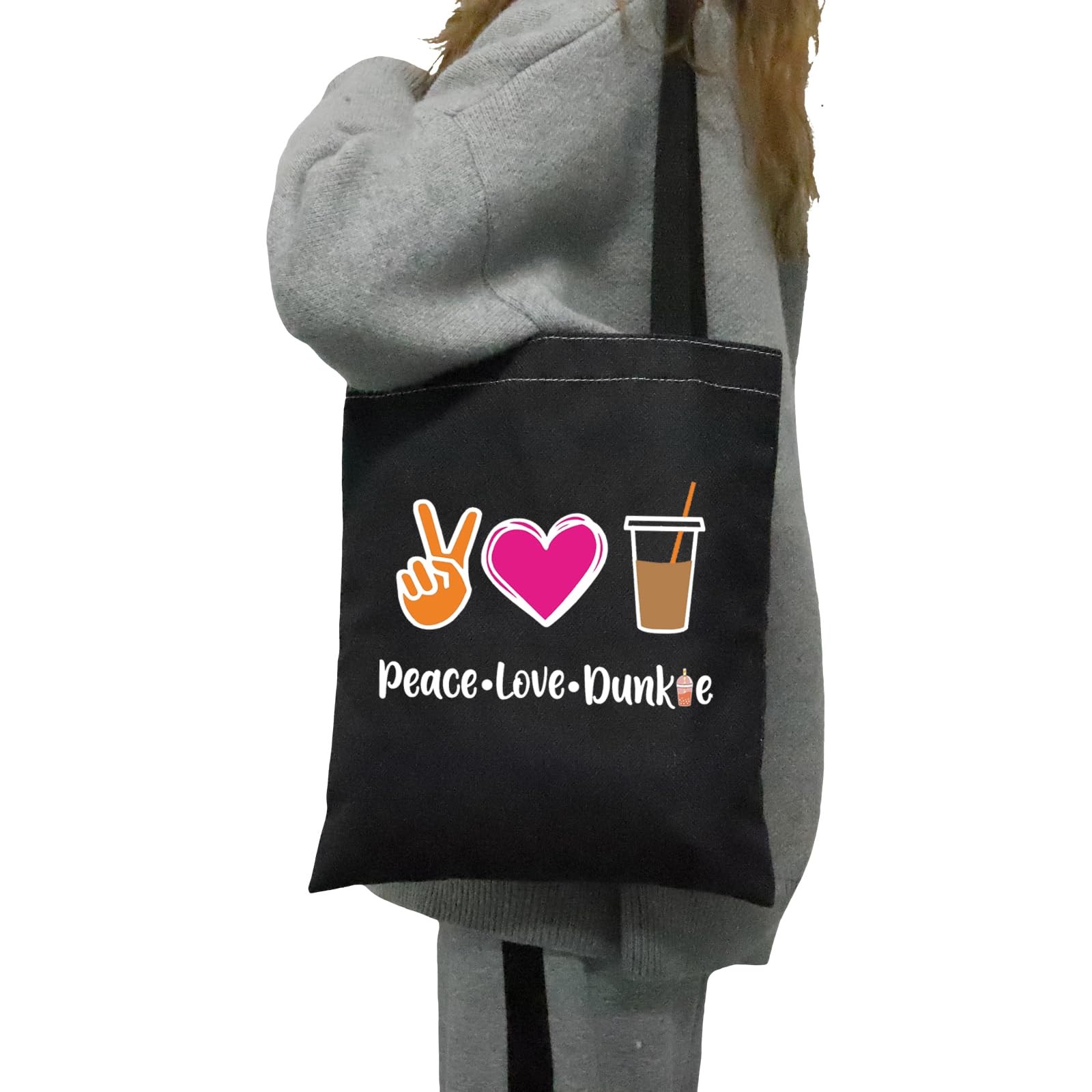 JXGZSO Peace Love Donut Junkie Tote Bag - Cute Coffee & Donuts Themed Cosmetic Pouch - Perfect Gift for Donut Lovers, Coffee Enthusiasts & Shopping - Great for Makeup Storage, Travel Essentials & Daily Use