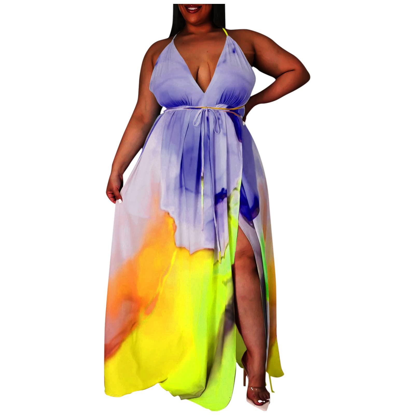 Sexy Plus Size Backless Maxi Dress with V-Neck & Loose Sling - Flattering Women's Plus Size Printed Dress for Beach Vacation, Evening Party & Special Occasions
