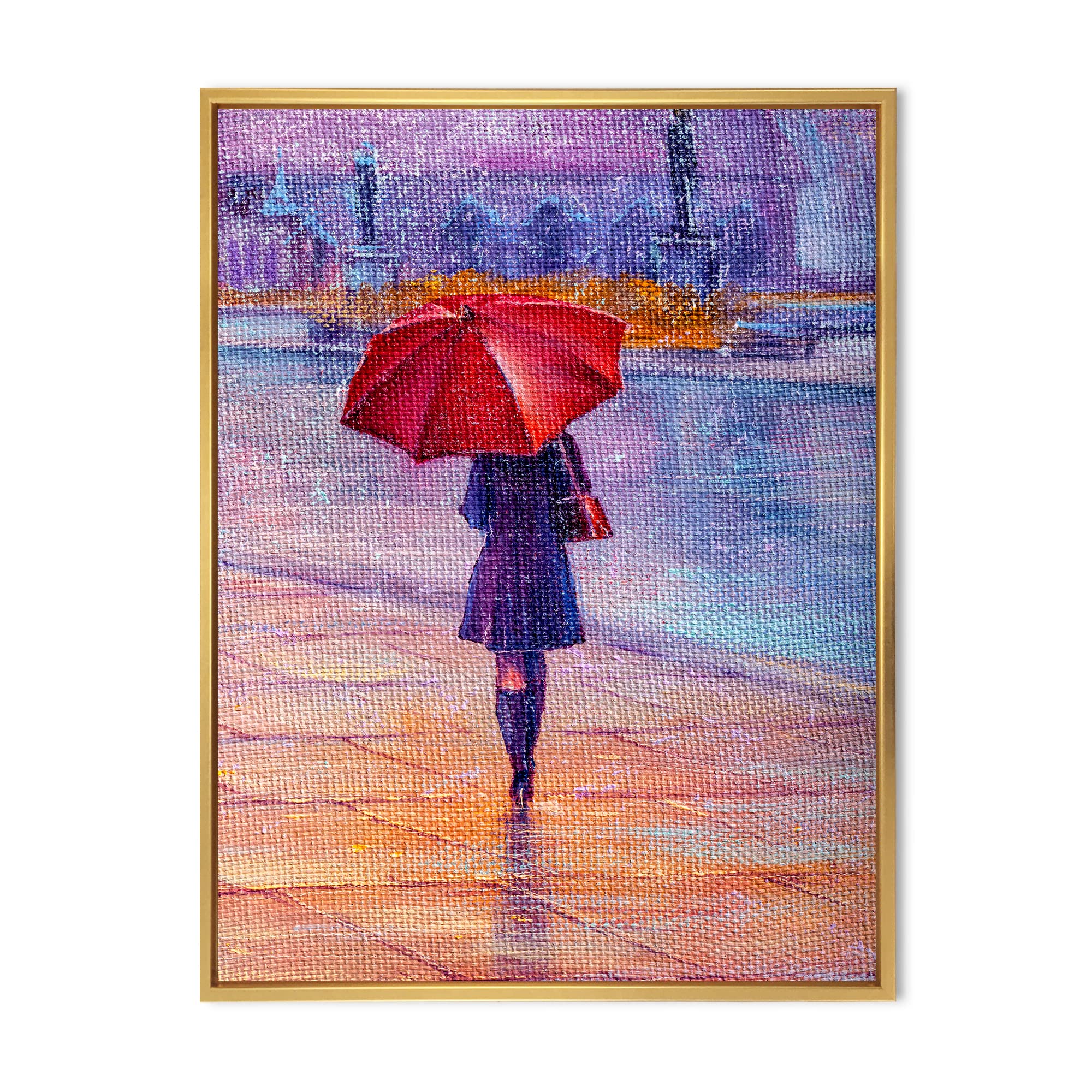 DesignQ French Country Framed Canvas Wall Art - Woman Walking with Red Umbrella in Rain - Perfect for Living Room, Bedroom & Office Decor