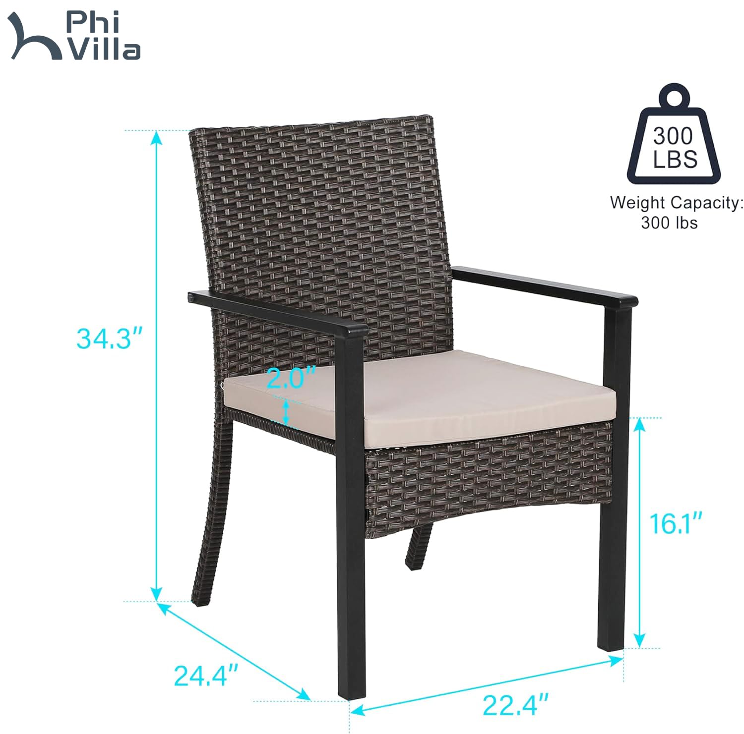 PHI VILLA 4-Piece Outdoor Wicker Chair Set - Rattan Covered Metal Armchairs with Removable Cushions, Heavy Duty Patio Furniture for Deck, Porch, Garden & Backyard - Perfect for Outdoor Dining, Lounging and Entertaining Guests