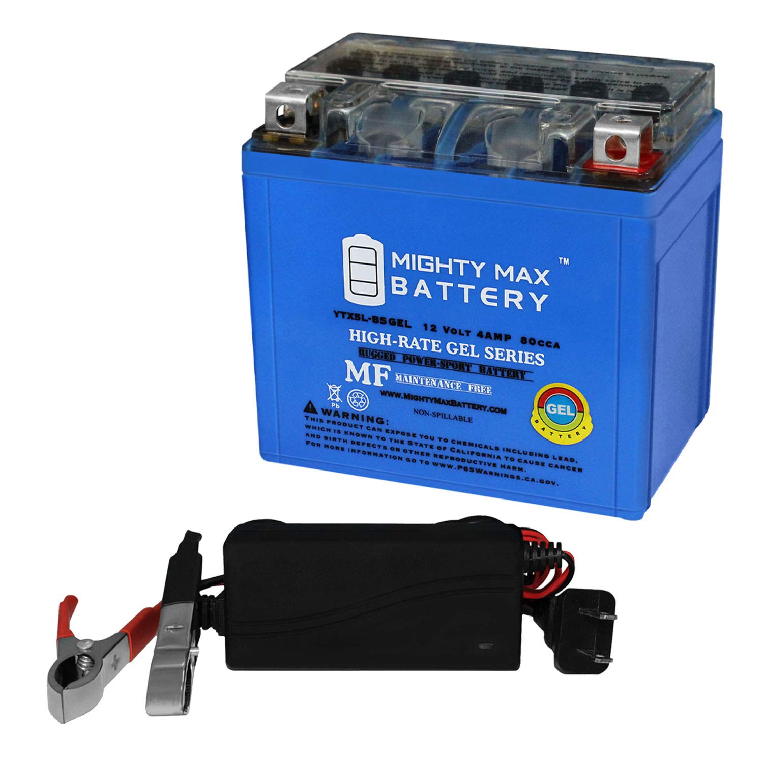 Mighty Max YTX5L-BS 12V 5Ah GEL Battery - Replacement for 4011181 & 58511053000 - Includes 12V 1Amp Charger - Perfect for Motorcycles, ATVs, Scooters & Power Sports Vehicles