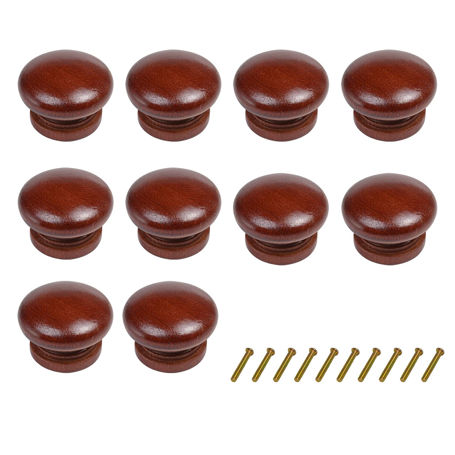 10-Pack Round Wood Drawer Knobs - Red Brown Finished Mushroom Shaped Cabinet Pulls & Handles for Kitchen, Dresser, Wardrobe, Cupboard | Durable Hardware for Furniture & Home Decor | Perfect for DIY Cabinet Upgrades & Vintage Style Interiors