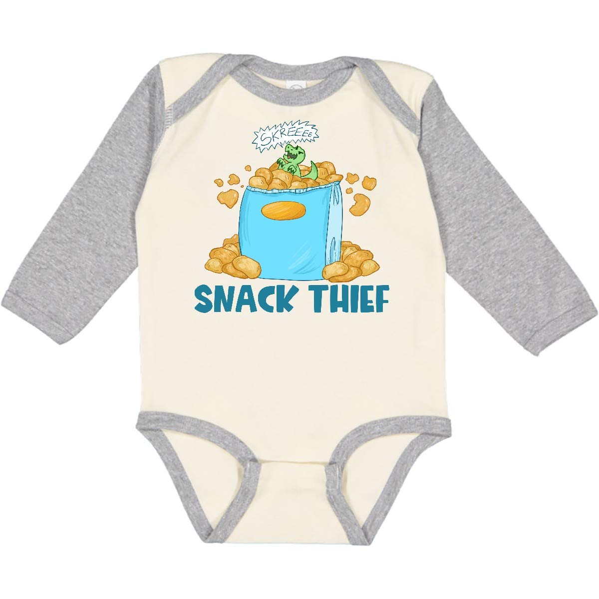 Inktastic Snack Thief Little Dinosaur in Bag of Chips Baby Long Sleeve Bodysuit - 6 Months - Natural & Heather Colors - Cute Dinosaur Outfit for Infants, Photo Shoots & Playtime