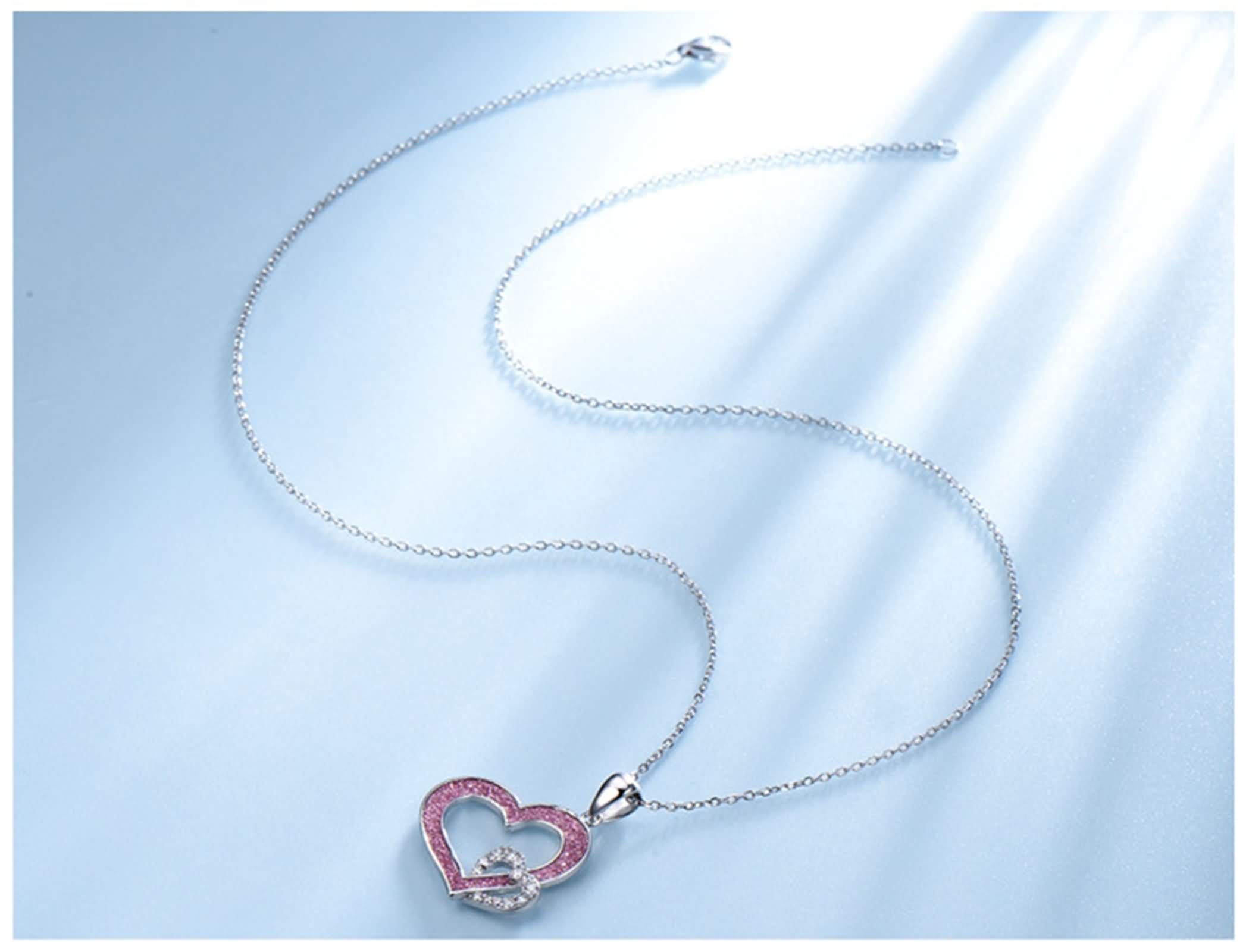 Daesar Sterling Silver Double Heart Friendship Necklace for Women with White Cubic Zirconia & Pink Accent - Perfect Gift for Best Friends, Sisters & Couples (Anniversary, Valentine's Day, Birthday)