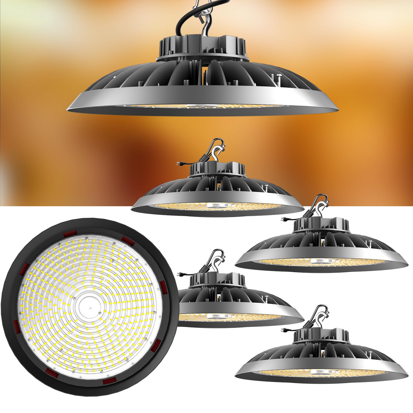 4-Pack 250W LED High Bay Lights 37,500LM UFO Shop Lights, 100-277V AC ETL Certified 5000K Daylight - Ideal for Warehouses, Garages, Workshops (25-35FT Ceiling Height)