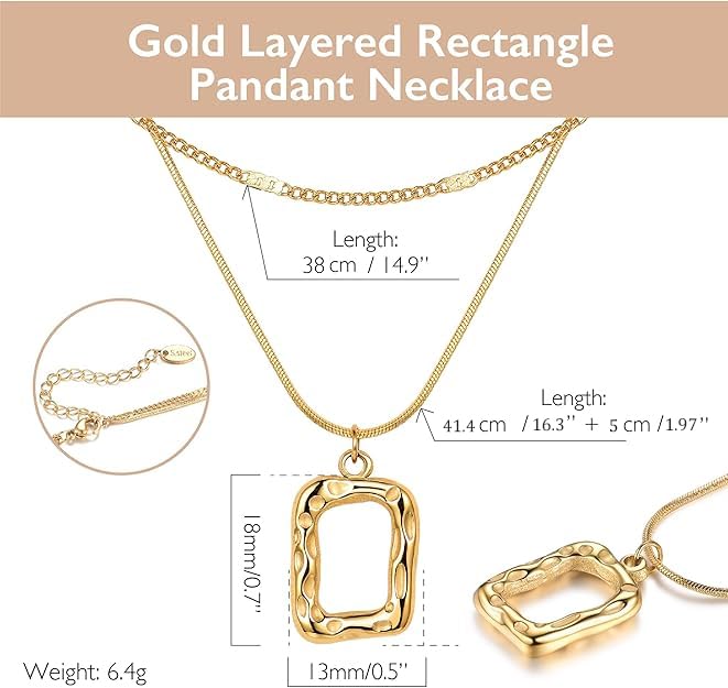 Evabelle 14K Real Gold Plated Chunky Chain Necklace for Women - Trendy Layered Stackable Dainty Choker with Rectangle Square Pendant | Perfect for Everyday Wear, Office, Date Night & Special Occasions