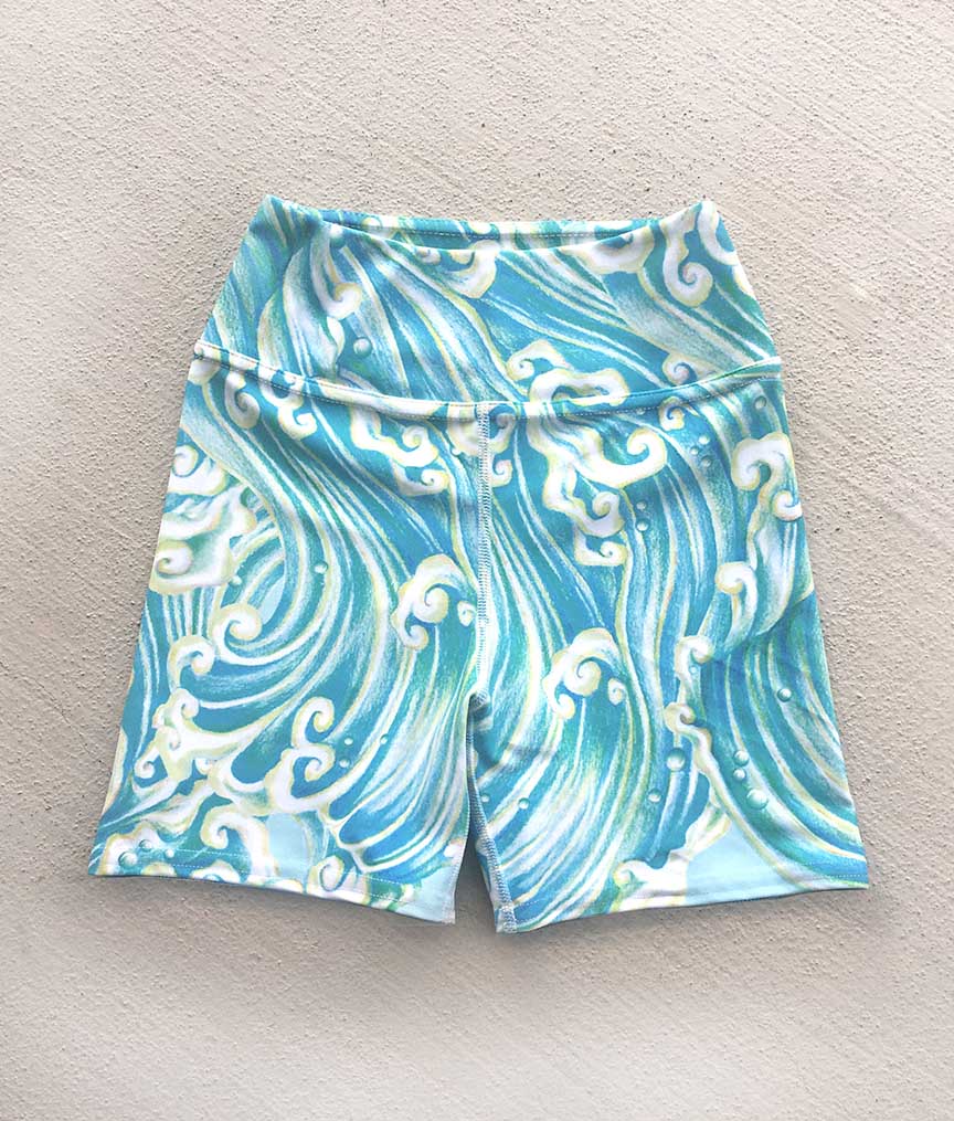 Hannah Mermaid Yoga Shorts for Women - High Waisted Workout Shorts with Wave Design - Perfect for Yoga, Gym, Running & Beach Activities