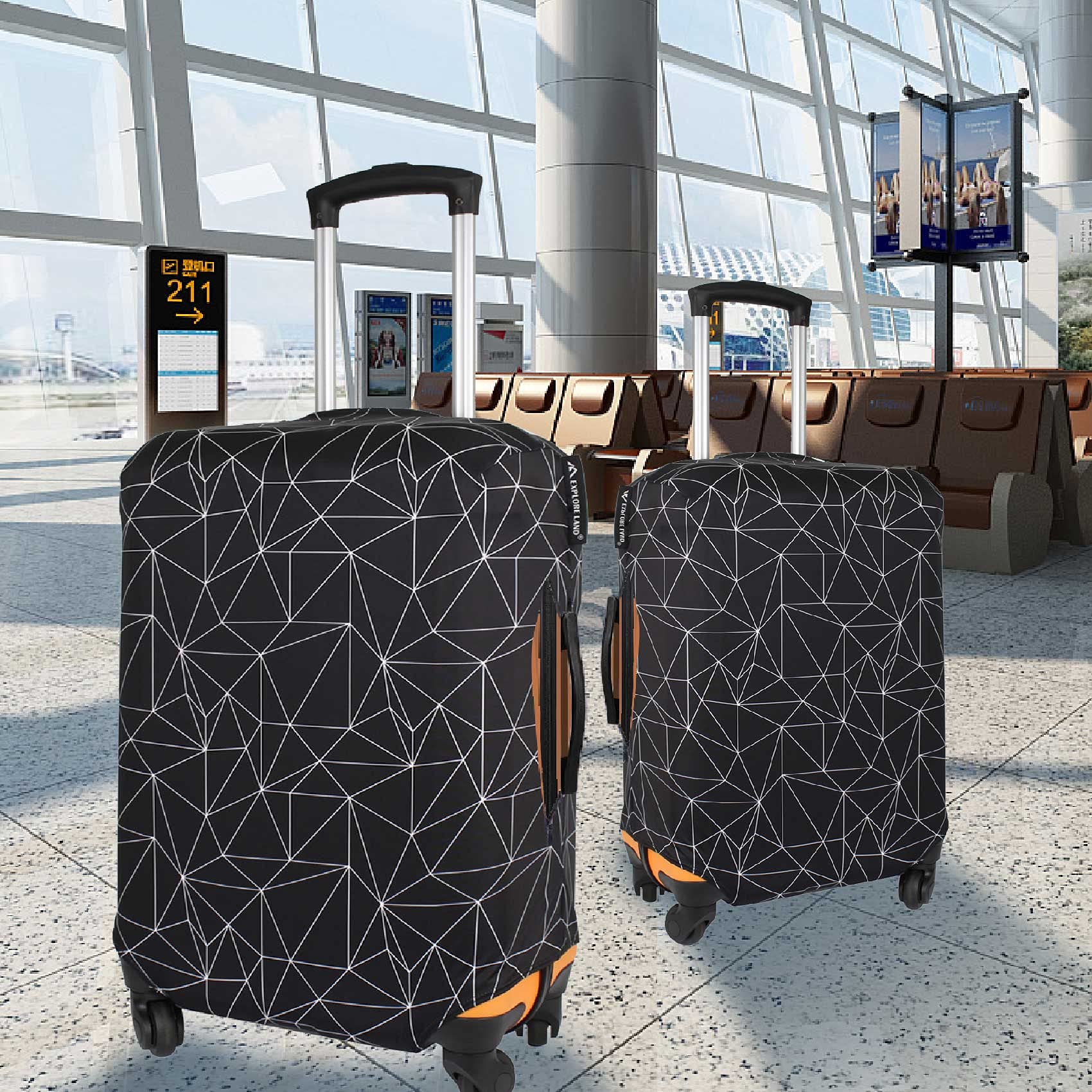 Explore Land Travel Luggage Cover - Waterproof Suitcase Protector for 27-30 Inch Bags (Black Polygonal, Large Size) - Perfect for Airplane Travel & Storage Protection