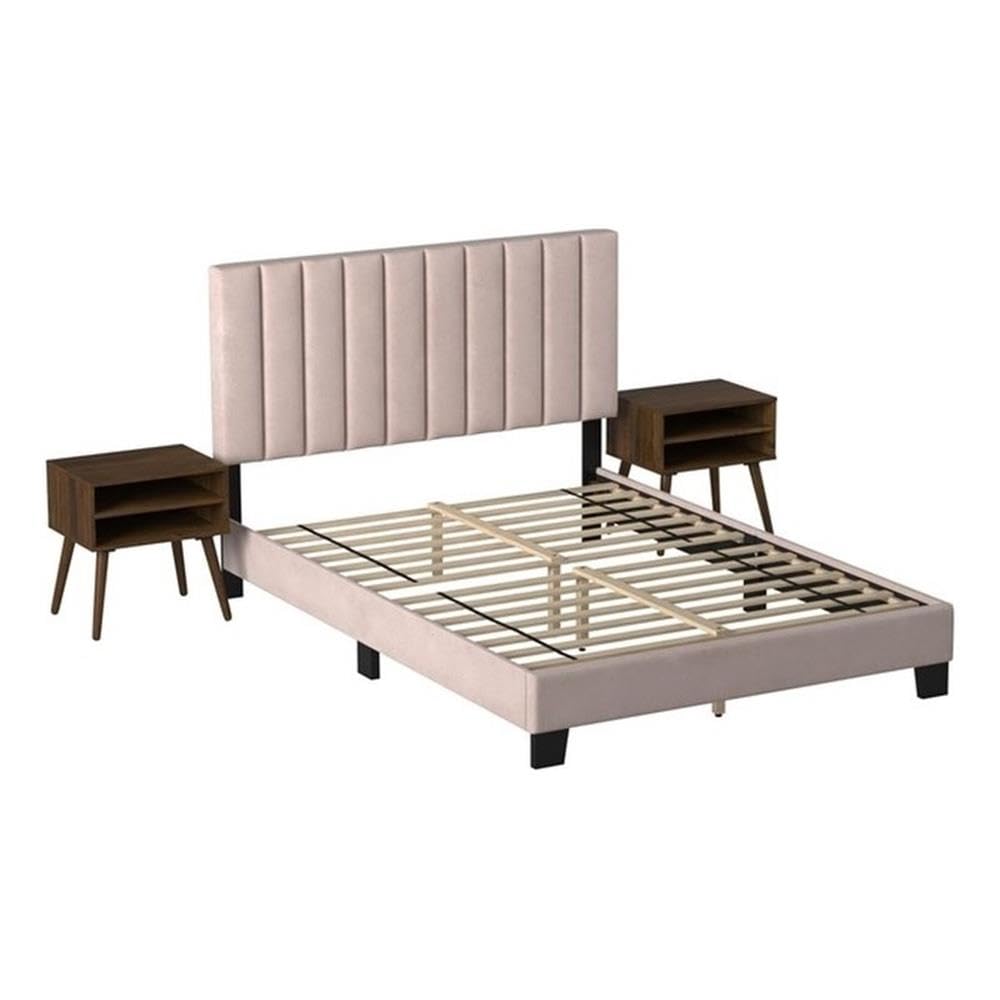 Picket House Furnishings Colbie Upholstered Queen Platform Bed with Nightstands - Modern Bedroom Set for Small Spaces & Guest Rooms