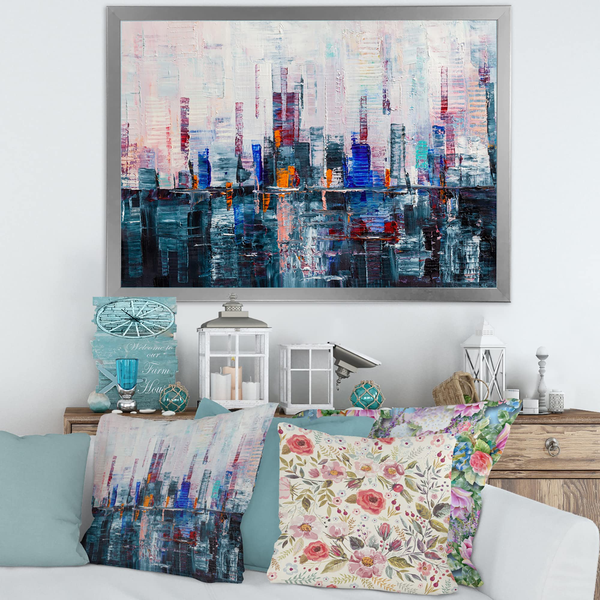 Modern Abstract City Skyline Framed Wall Art - Skyscraper Canvas Painting for Living Room, Office & Bedroom Decor