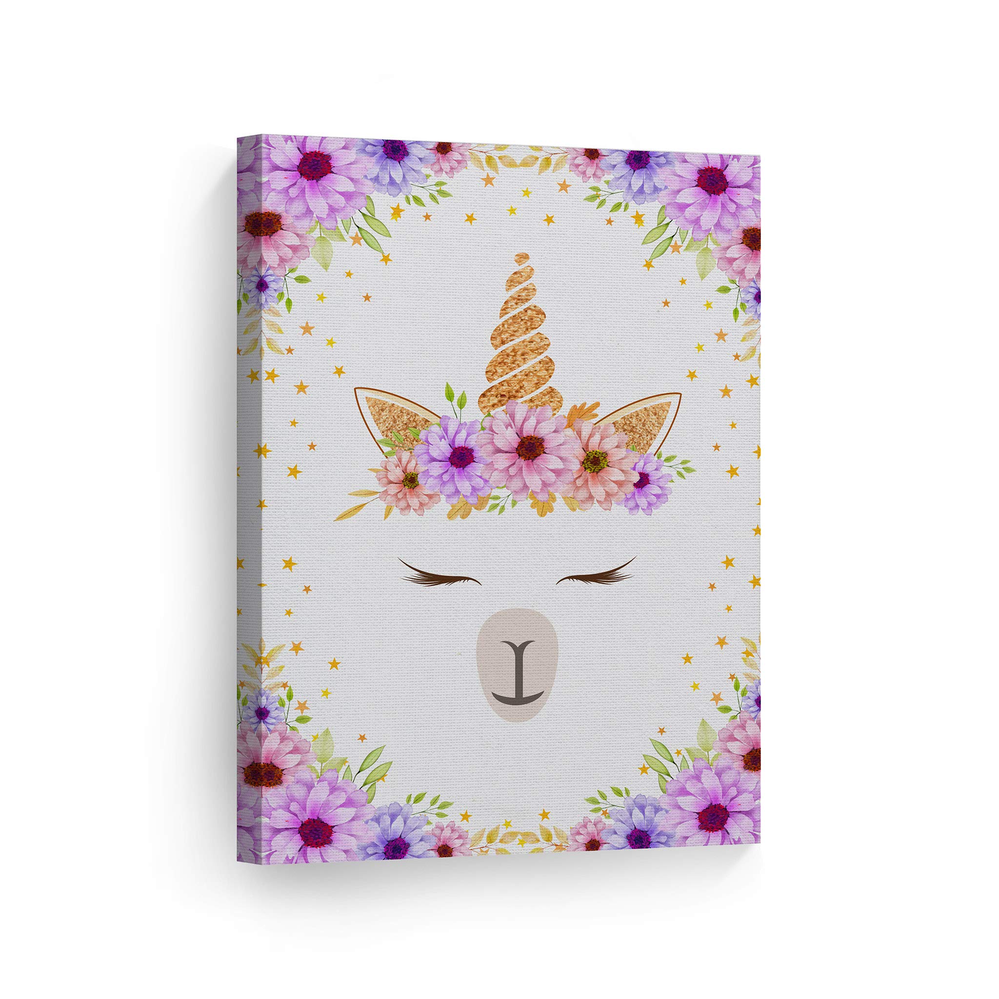 Smile Art Design Cute Unicorn Canvas Wall Art - Purple Floral Background Ready to Hang Print (22x15 inches) - Perfect for Kids Room Decor, Nursery Wall Art & Unicorn Gifts | Made in USA