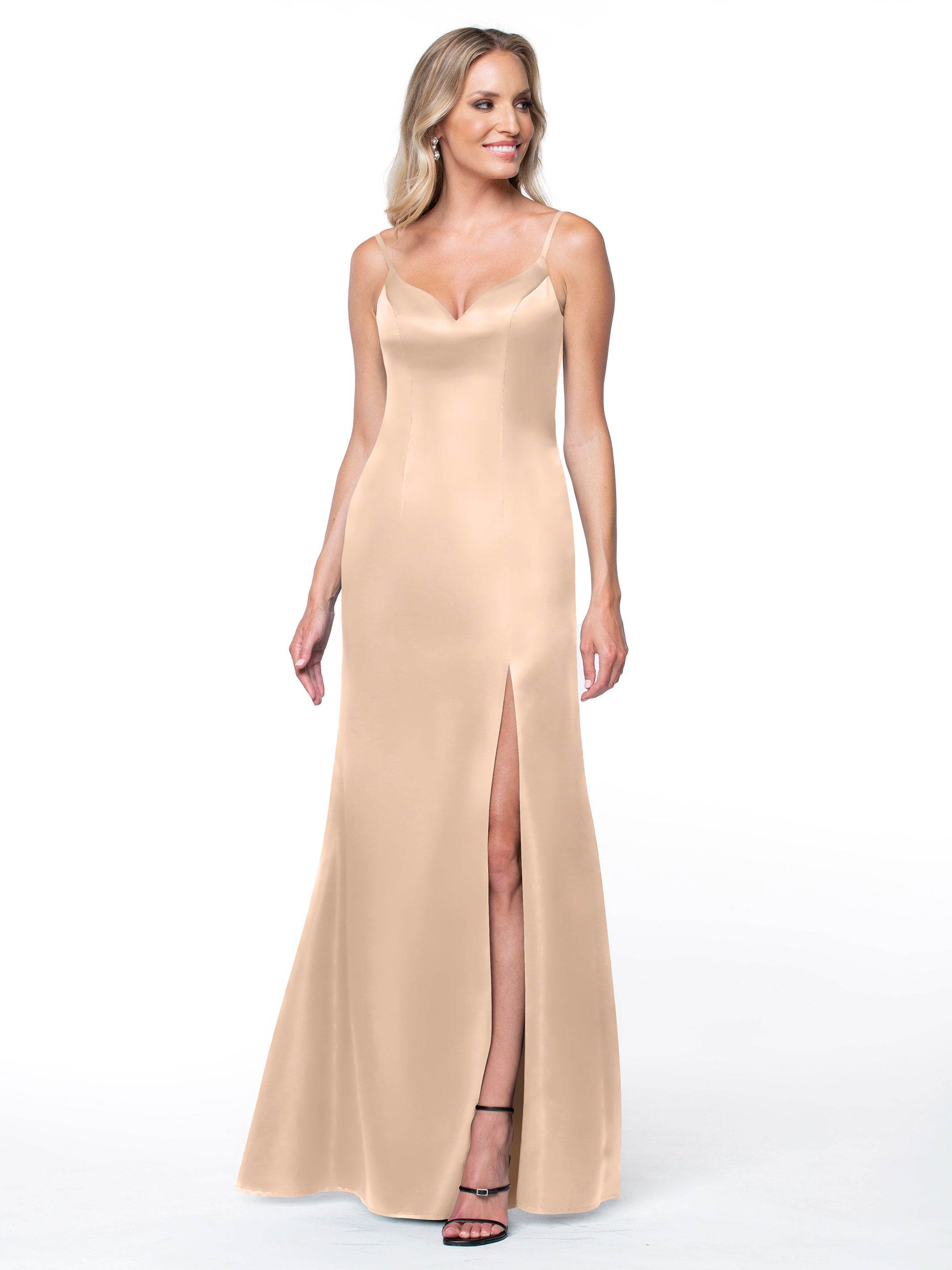 Elegant 80132 Fit and Flare Satin Bridesmaid Dress with Thigh High Slit - Perfect for Weddings, Proms, and Formal Events