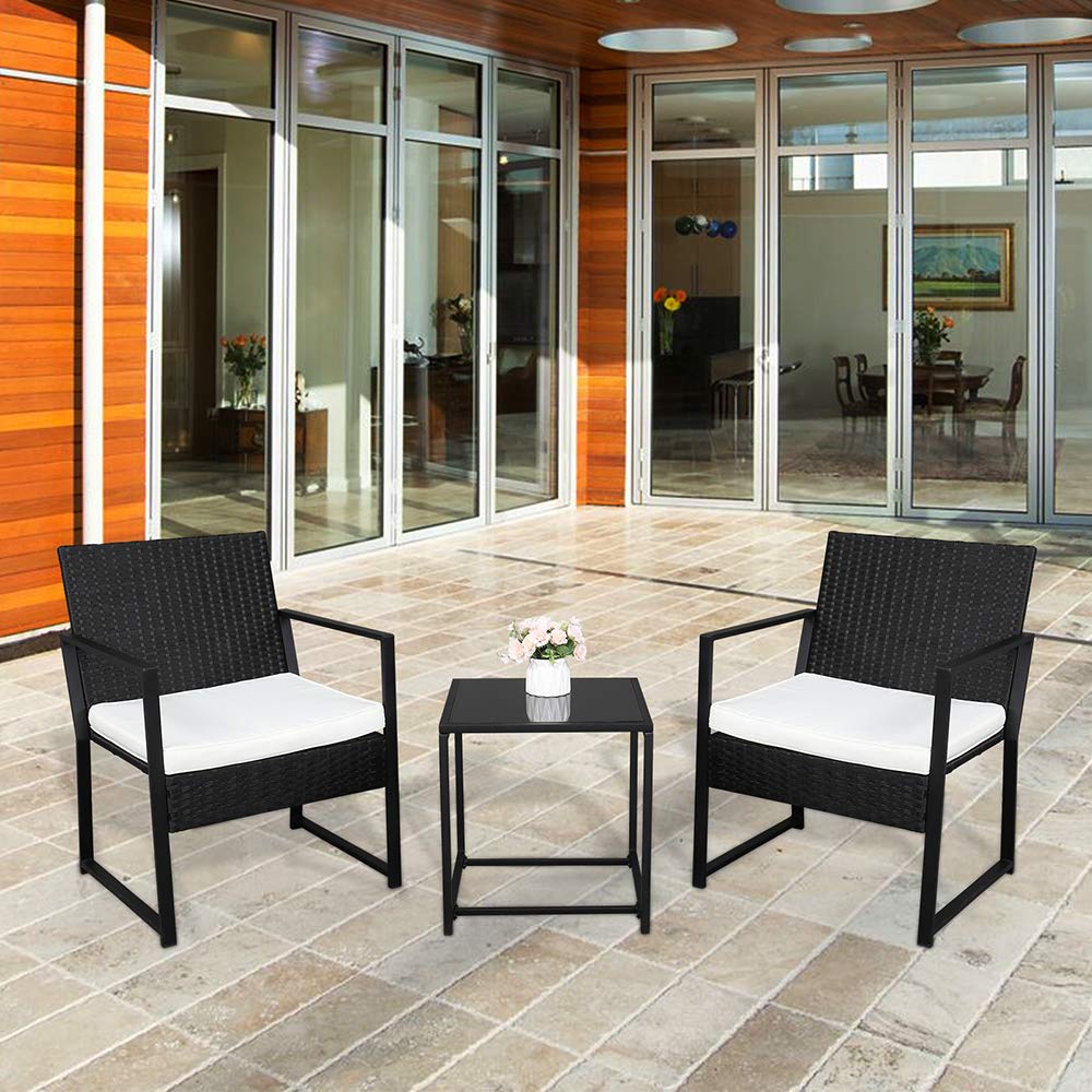 3-Piece Outdoor Patio Furniture Set - Portable Rattan Table & Chairs with Cushions - Perfect for Backyard, Garden, Balcony, Poolside & Porch - Black Conversation Set for Relaxing & Entertaining