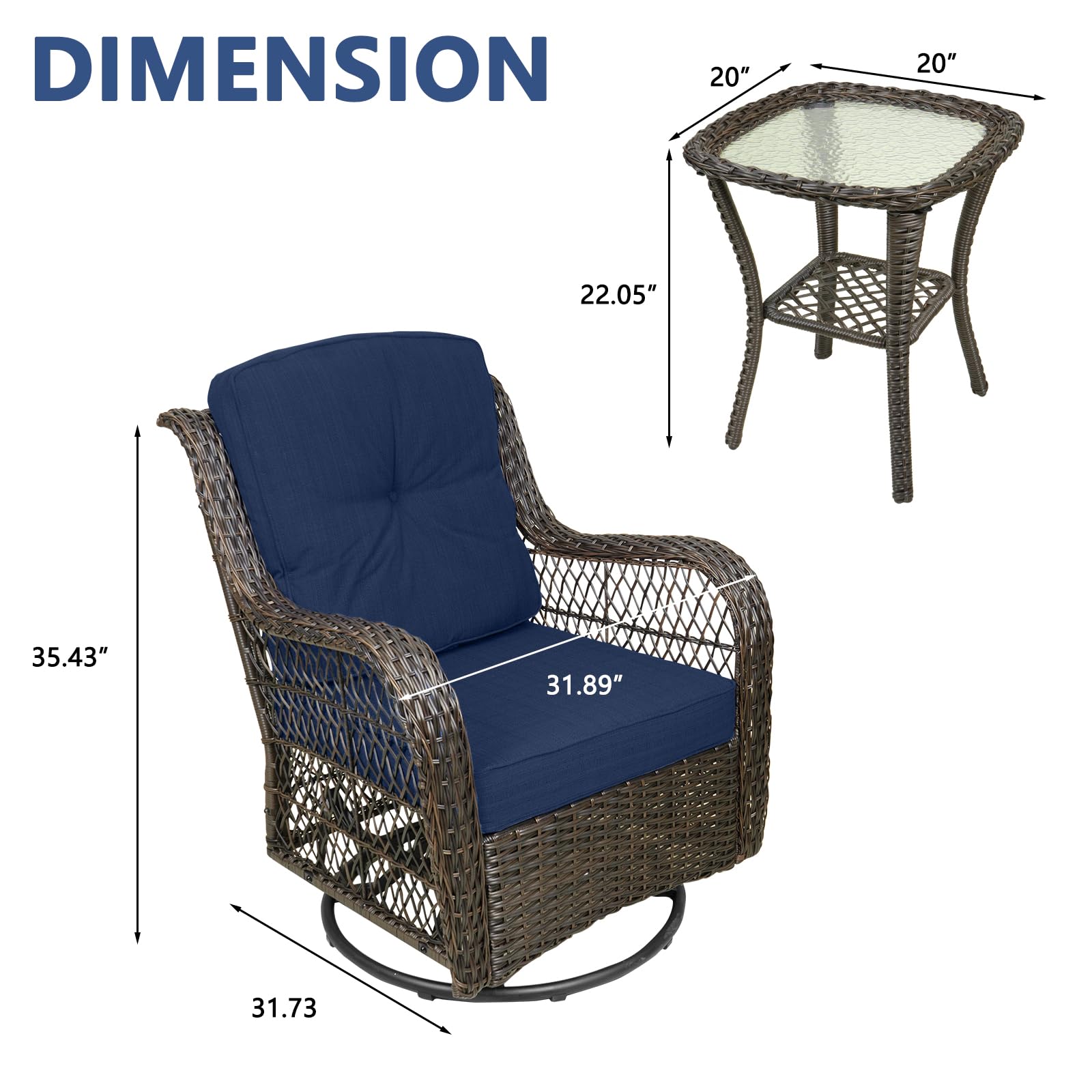 3-Piece Outdoor Swivel Rocking Patio Furniture Set - Blue PE Wicker Rattan Chairs with Glass Table & 2 Cushions - Perfect for Garden, Poolside & Backyard Relaxation