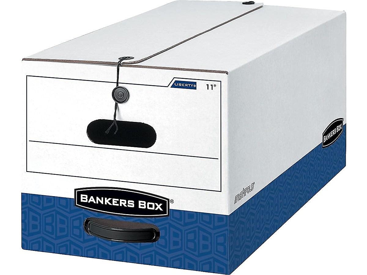 Bankers Box 0001203 LIBERTY Heavy-Duty Storage Box - Legal Size, White/Blue, 4-Pack - Perfect for Office Document Organization & File Storage