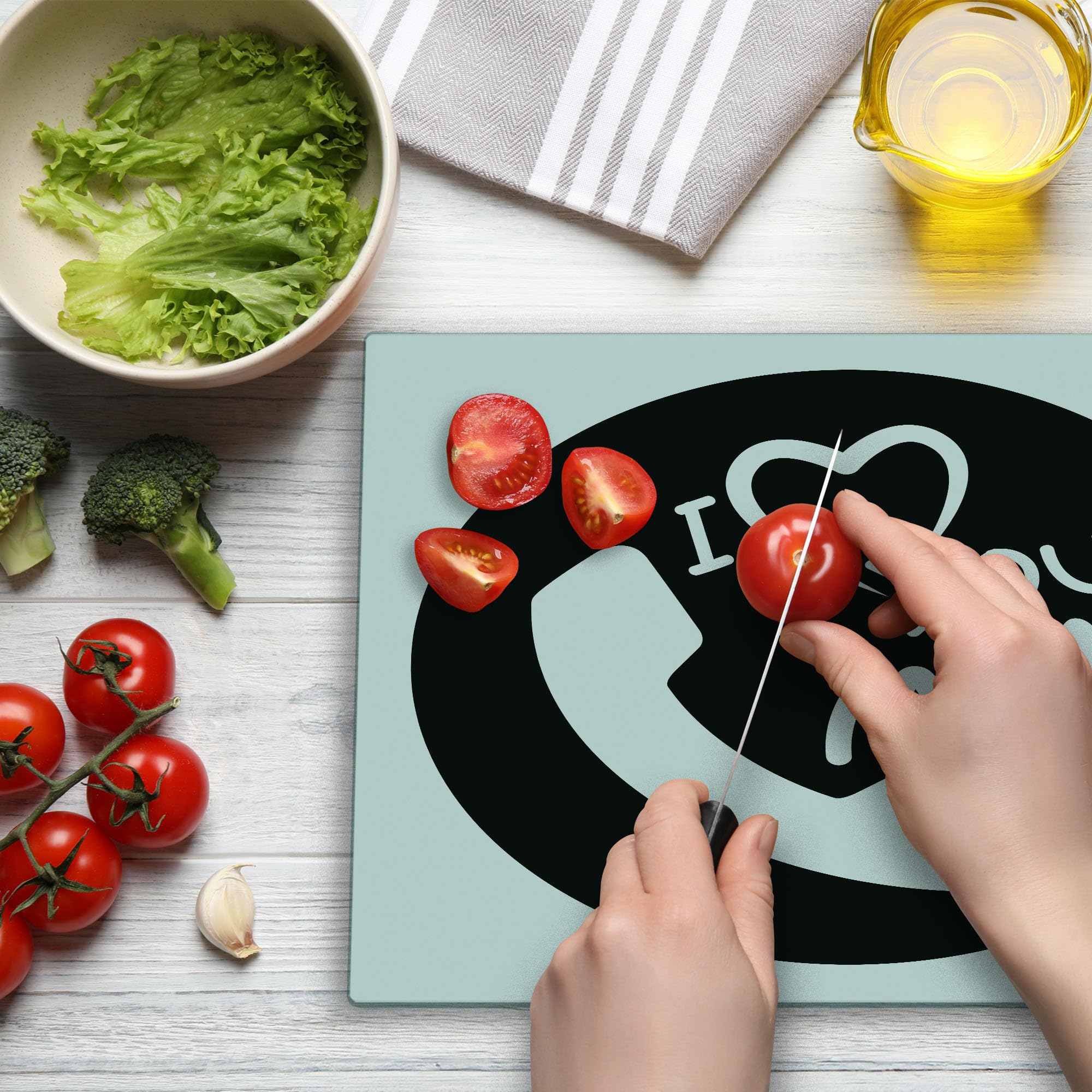 Ambesonne Call Mom Tempered Glass Cutting Board - Large Decorative Serving Board with 'I Love You Mom' Calligraphy Design, Family Values Theme & Phone Silhouette - Black & White - Perfect for Mother's Day Gifts, Kitchen Decor & Cheese Charcuterie Boards