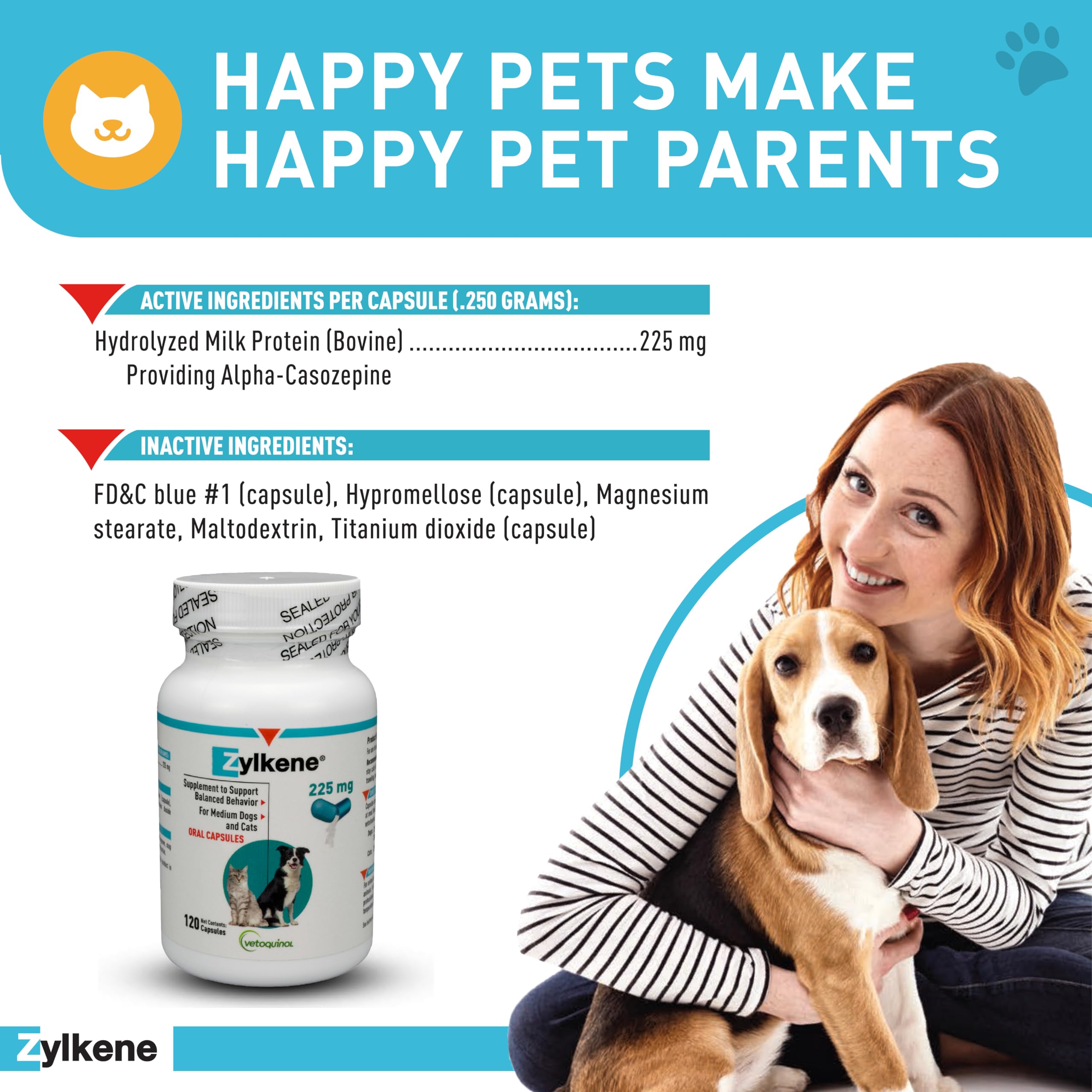 Vetoquinol Zylkene Calming Supplement for Medium Dogs 33-65lbs - 225mg Capsules for Anxiety Relief, Stress Reduction & Behavioral Support | Helps with Separation Anxiety, Travel Stress & Loud Noise Fears