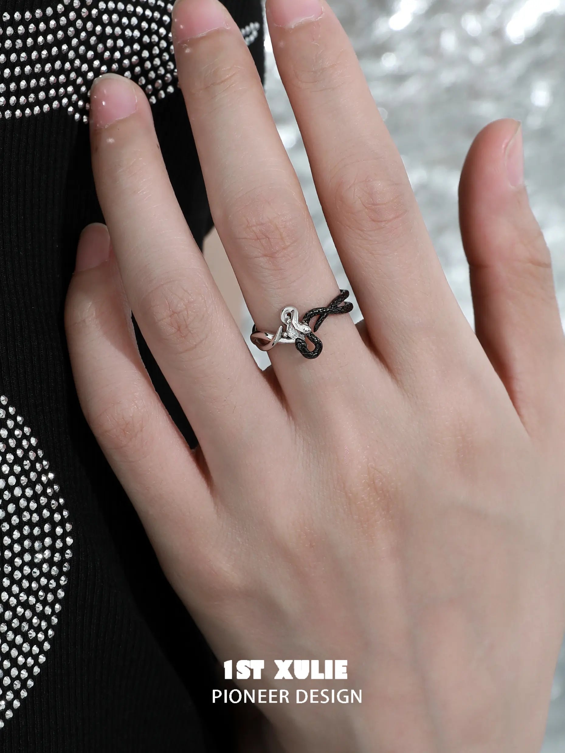 Snake Bite White & Black Serpent 925 Sterling Silver Adjustable Open Ring for Women | Gothic Jewelry, Punk Fashion Accessory, Halloween Costume Jewelry