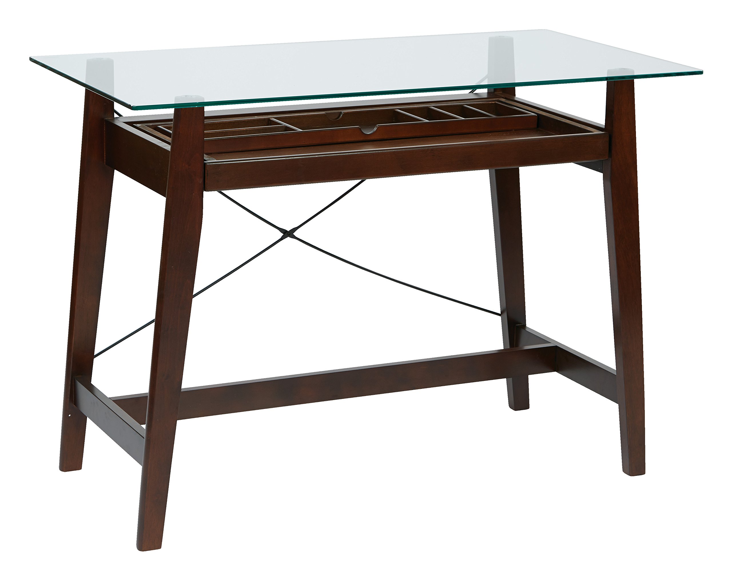 Office Star Tribeca 42-Inch Solid Wood & Veneer Computer Desk with Pull-Out Keyboard Tray, Storage Space & Tempered Glass Top - Espresso Finish | Perfect for Home Office, Study Room & Workspace Organization