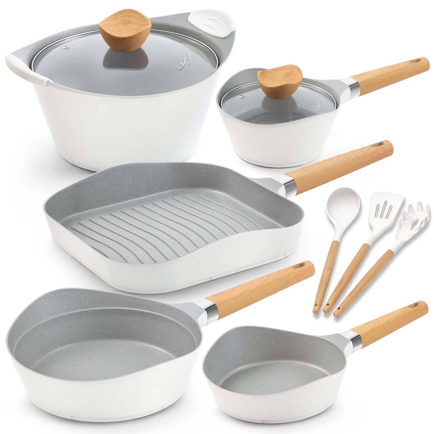 Nonstick Cookware Set 12-Piece Induction Pots and Pans Set with Utensils - 100% PFOA Free, Grey & White - Perfect for Home Cooking, Professional Chefs & Healthy Meal Prep