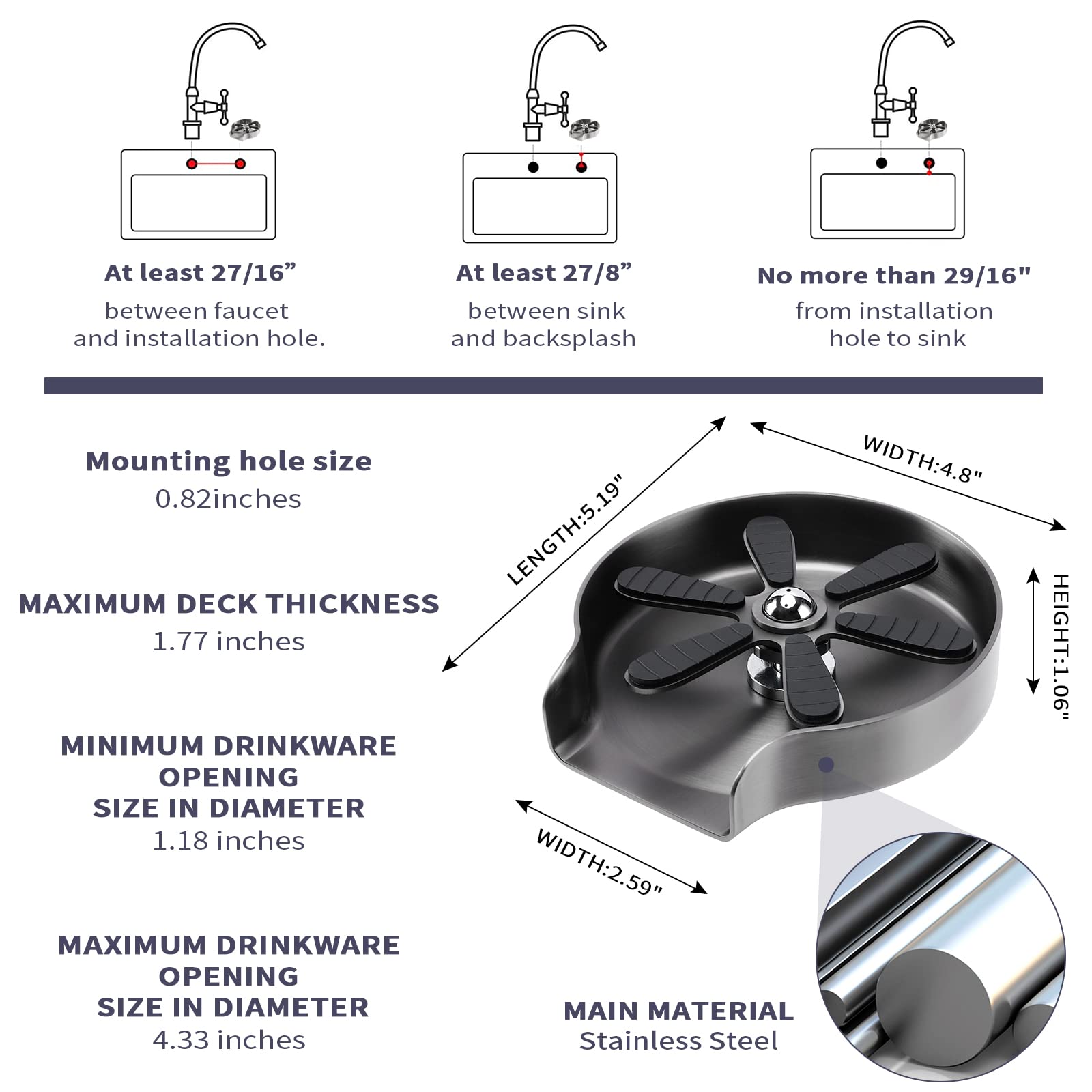 Vinmax Stainless Steel Glass Rinser & Cup Washer for Kitchen Sink, Grey - Ideal for Cleaning Bottles, Cups, and Kitchenware in Home or Commercial Settings