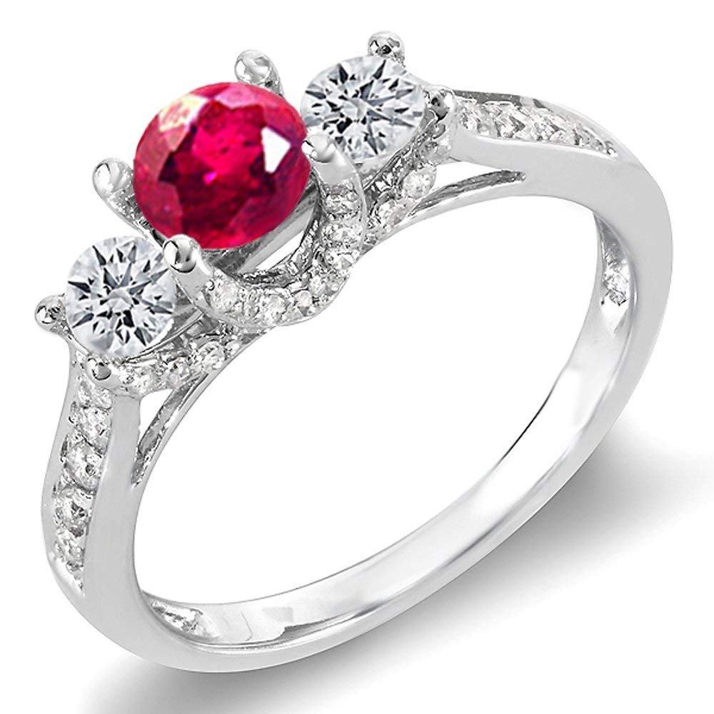18K White Gold Round White Diamond & Ruby 3-Stone Engagement Ring for Women - Dazzlingrock Bridal Jewelry Collection | Perfect for Proposals, Weddings & Anniversary Gifts