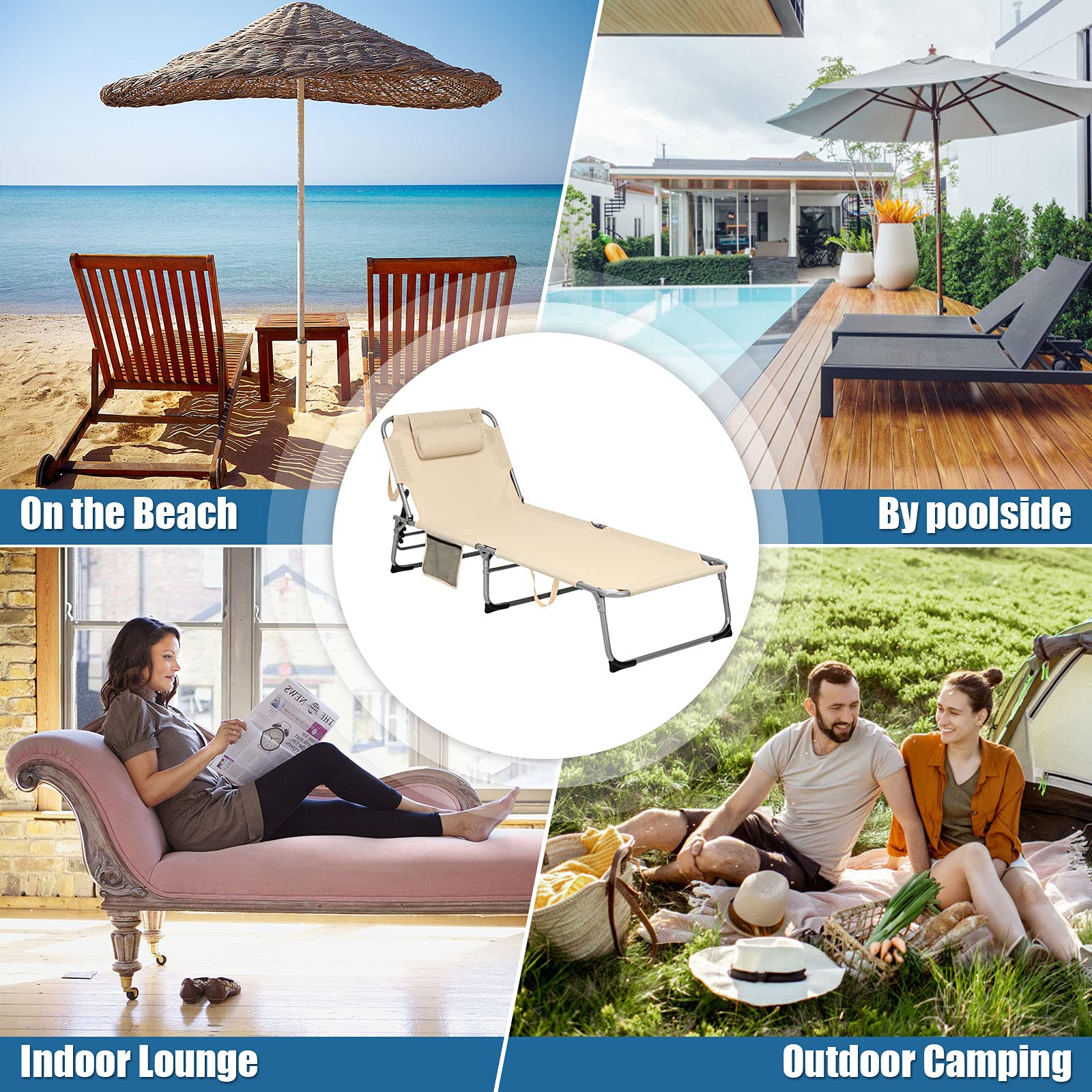 Giantex Adjustable Folding Chaise Lounge Chair with Mattress & Pillow - 4 Reclining Positions, Side Pocket - Perfect for Beach, Pool, Patio, Lawn, Deck & Camping (Beige, 2-Pack) - Ideal for Sunbathing, Relaxing & Outdoor Leisure