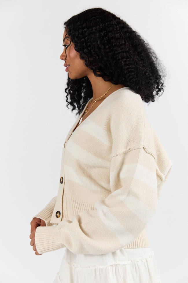 Beyond The City Beige and Ivory Striped Cardigan - Women's Lightweight Knit Sweater for Fall & Winter | Cozy Layering Piece for Work, Travel & Casual Outfits