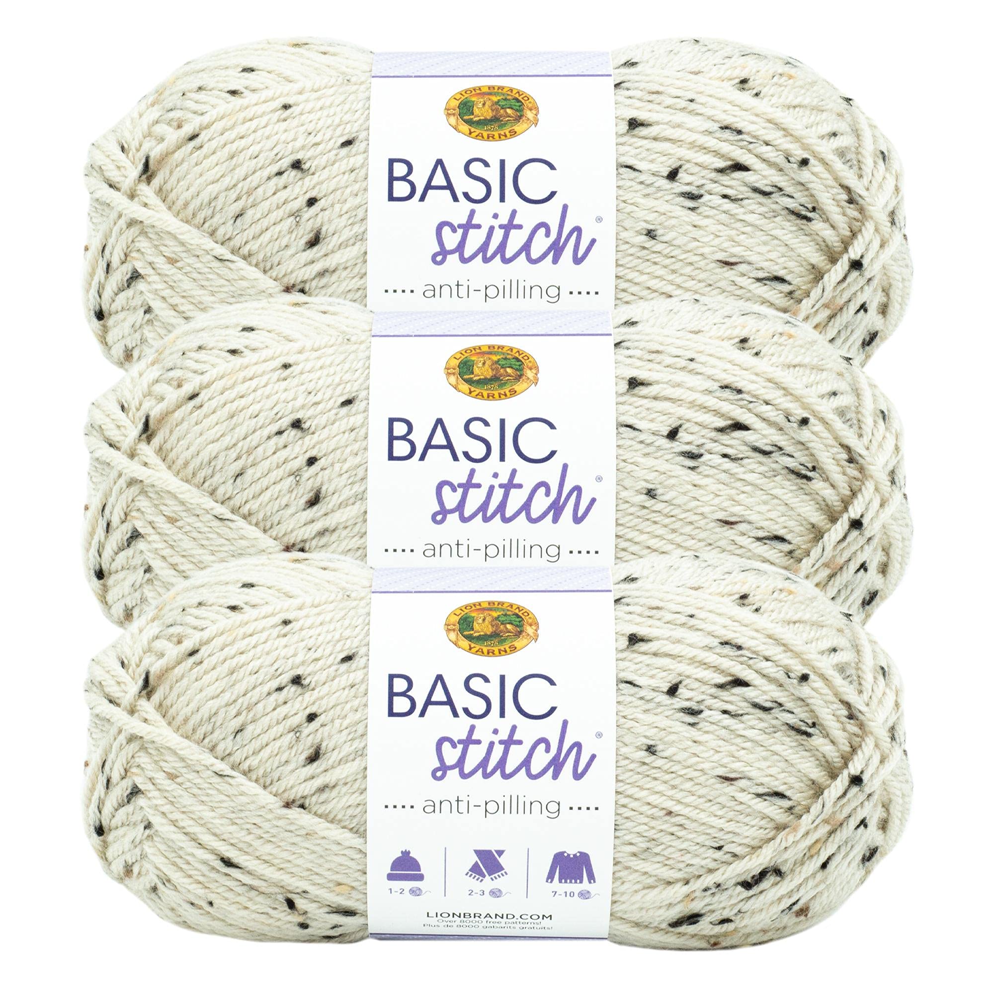 Lion Brand Yarn Basic Stitch Anti-Pilling Knitting & Crochet Yarn - 3-Pack, Soft Almond Tweed - Perfect for Scarves, Blankets & DIY Crafts
