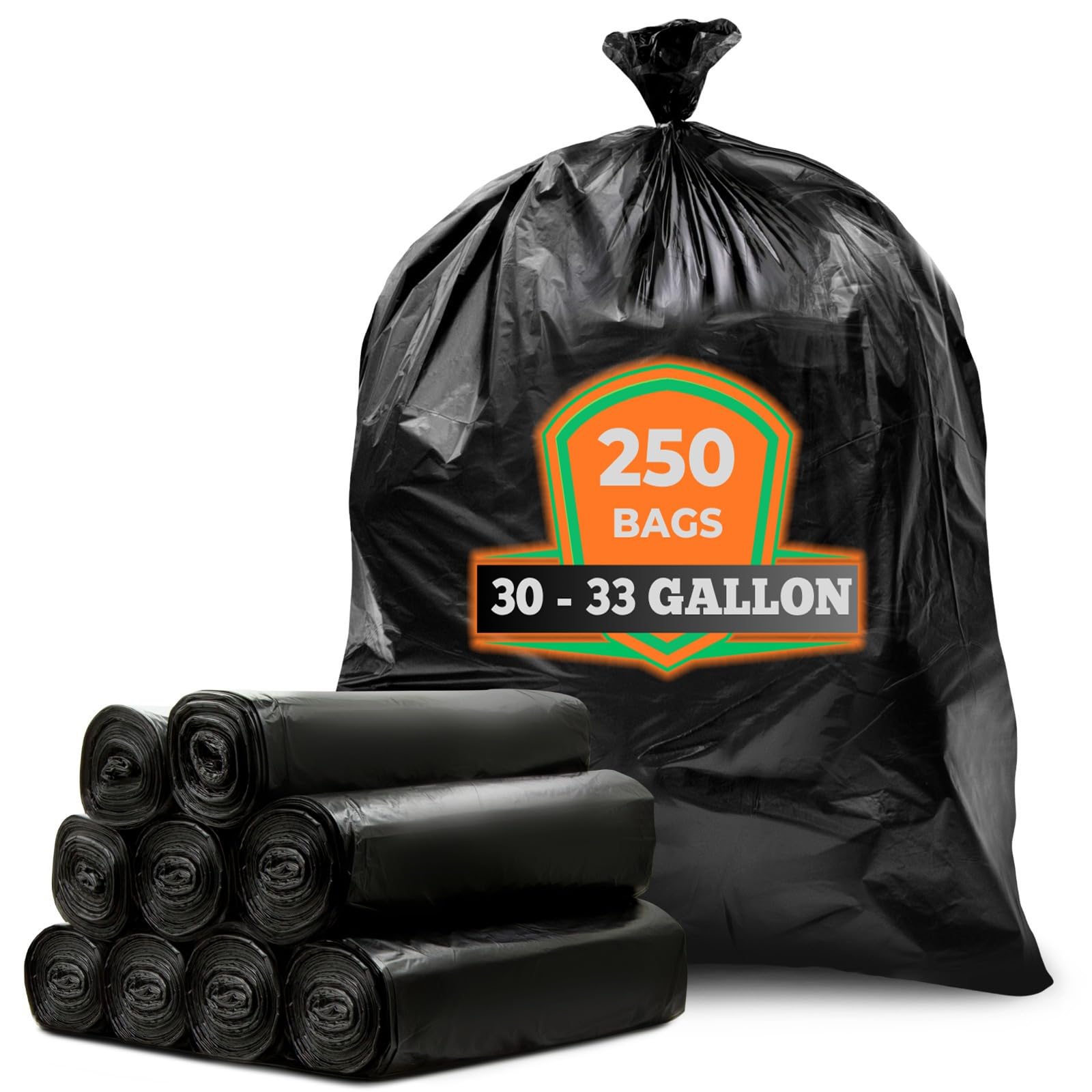 Heavy Duty 30-33 Gallon Trash Bags - MegaValue Pack of 250 Large Black Garbage Bags | High Density, Extra Strong & Leak Proof | Perfect for Kitchen, Office, Outdoor & Commercial Use