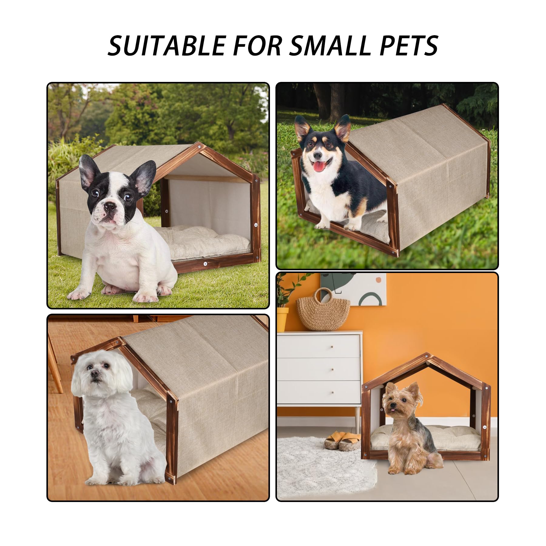 Wooden Frame Dog House for Small Dogs & Cats - Indoor Pet House with Soft Fabric Cushion (Beige) | Perfect for Living Room, Bedroom & Patio Use