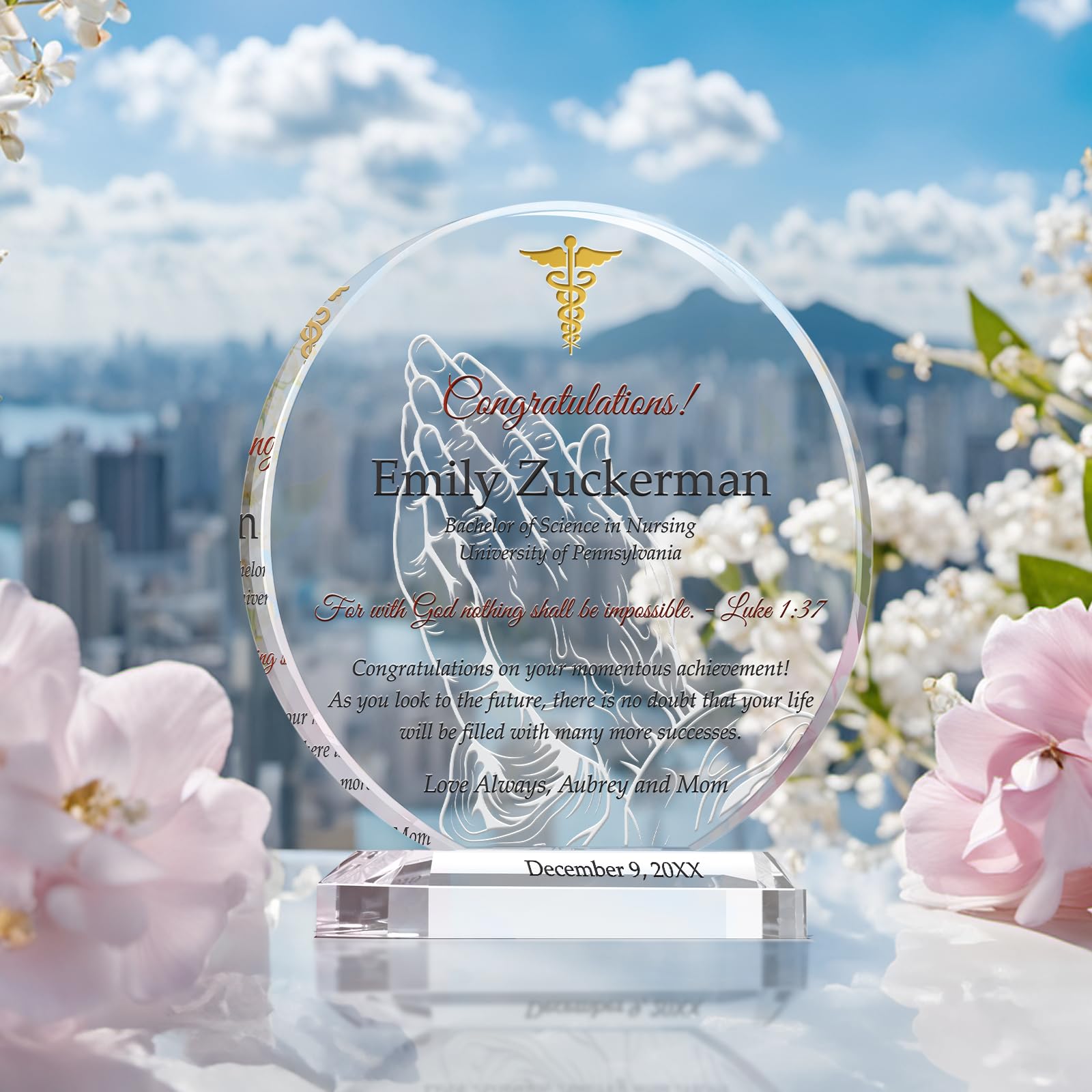 Personalized Crystal Nursing School Graduation Plaque - Custom Engraved with Name, School & Degree - Unique RN Graduation Gift for Women, Daughter, Granddaughter or Sister - Perfect for Graduation Ceremonies, Office Display & Home Decor (XL-10)